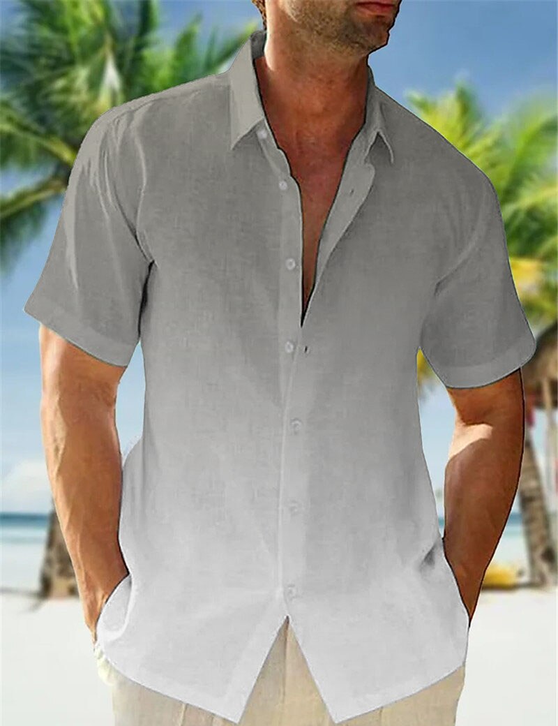 Gradient Linen Blend Lapel Short Sleeve Vacation Shirt for Men