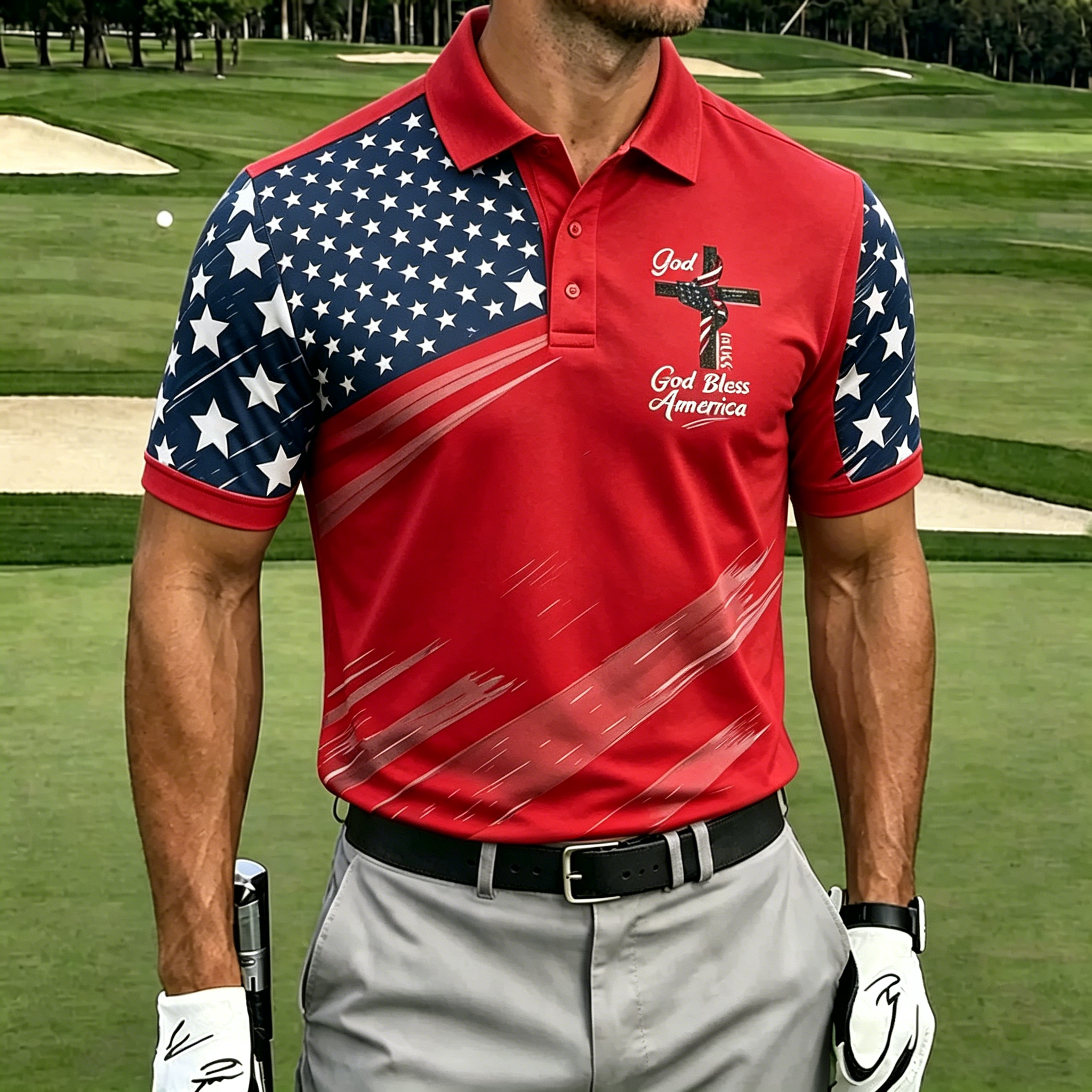 God Bless America Cross Split Star Stripe Print Contrast Collar Golf Polo Shirt for Men
