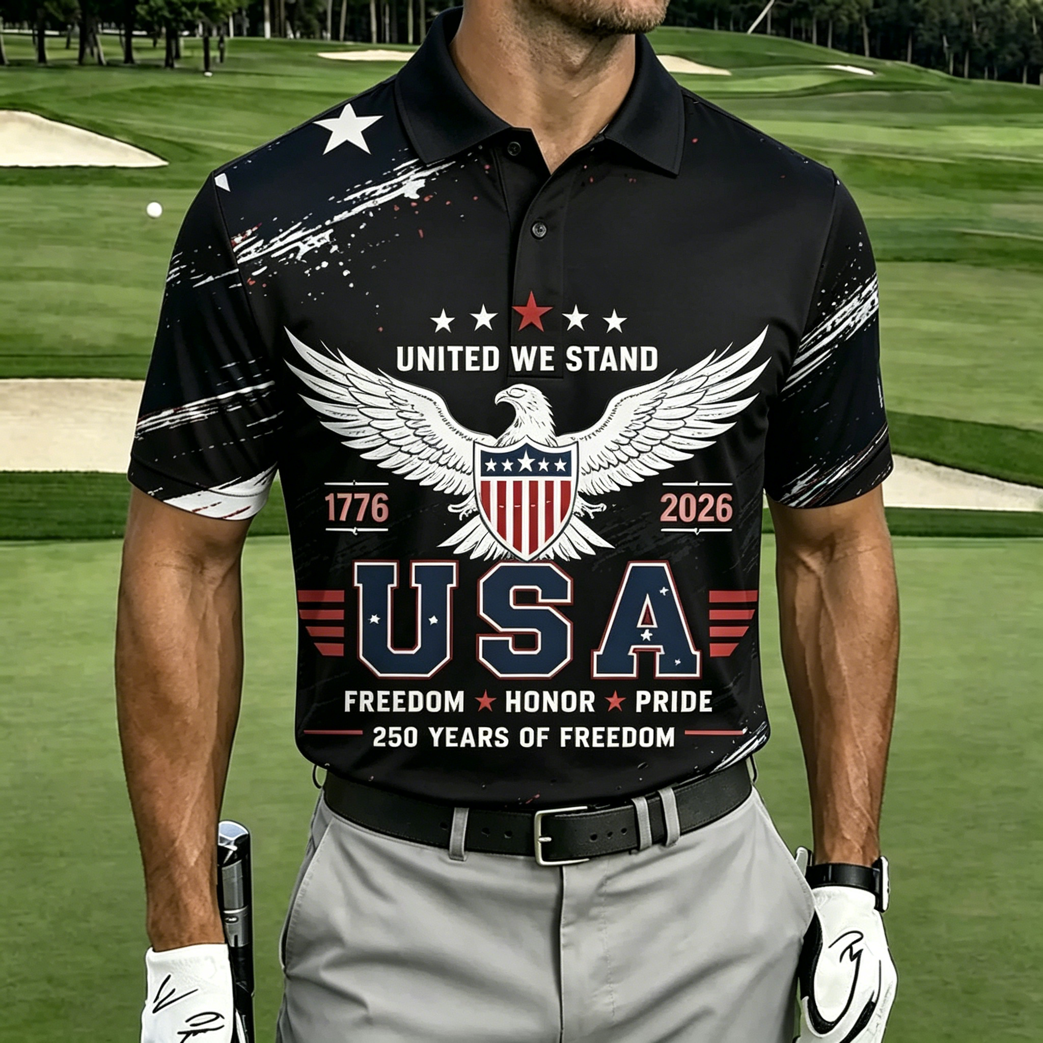United We Stand Eagle Shield Flag Brush Print Contrast Collar Golf Polo Shirt for Men