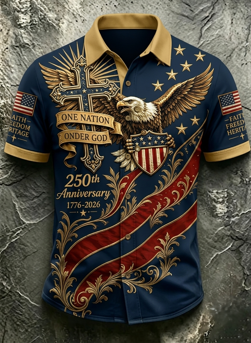 One Nation Under God Cross Bald Eagle USA Flag Gold Scroll Full Print Camp Collar Men Patriotic Shirt