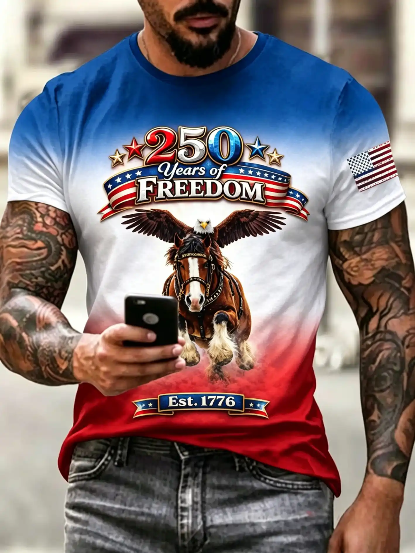 250 Years of Freedom Est.1776 Eagle & Horse Patriotic Vintage Print Men's T-Shirt