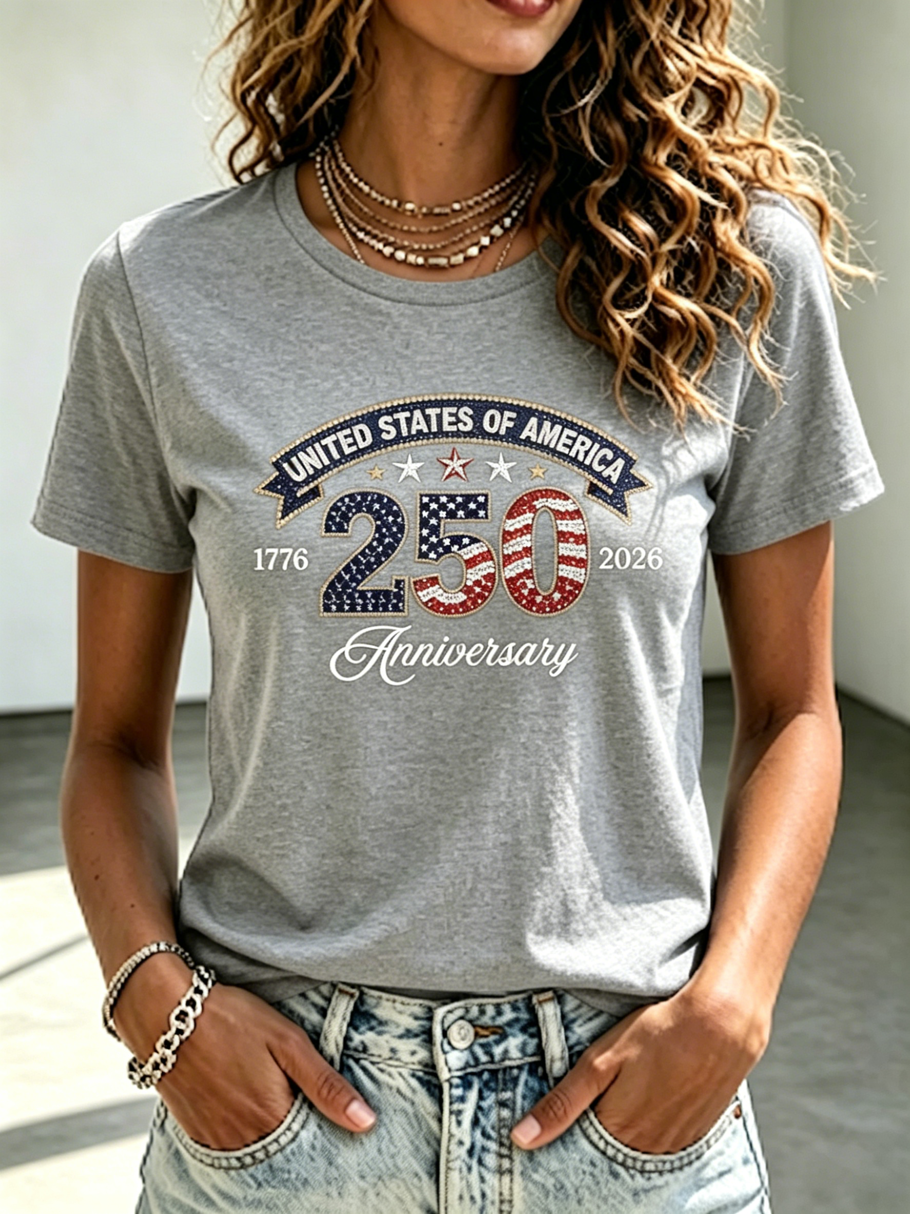Vintage US 250 Anniversary 1776-2026 Flag Print Crew Neck Casual Short Sleeve Tee