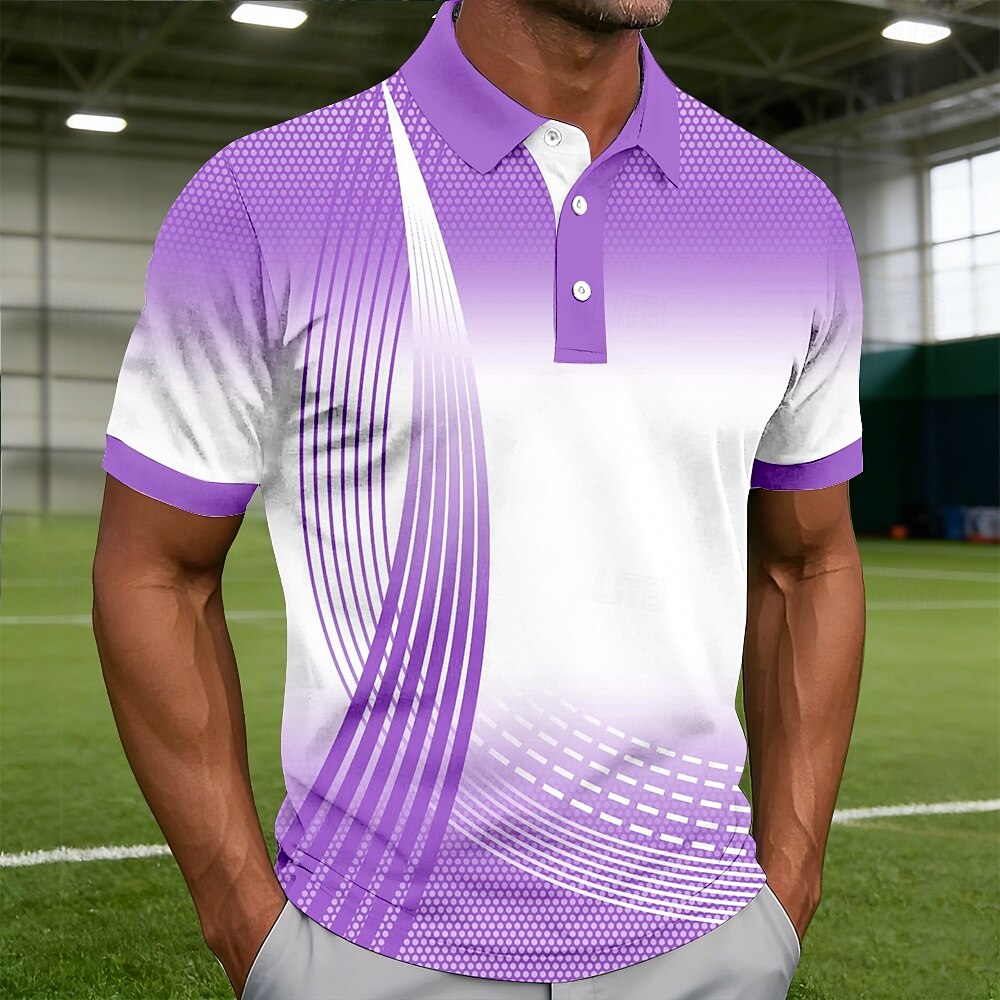 Gradient Curve Geometric Print Contrast Collar Golf Polo Shirt for Men