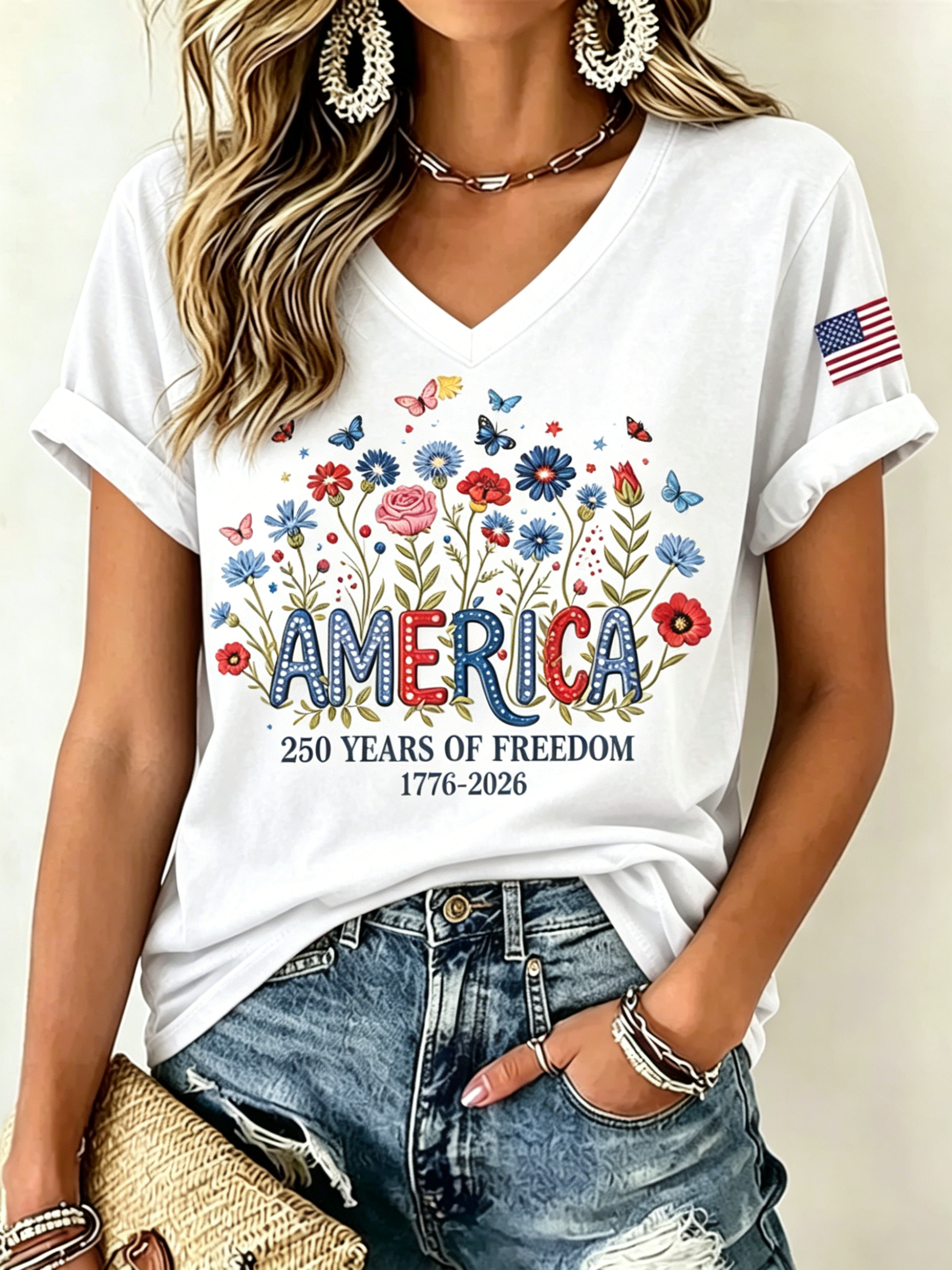 Patriotic Floral America Print V Neck Flag Sleeve T-Shirt for Women