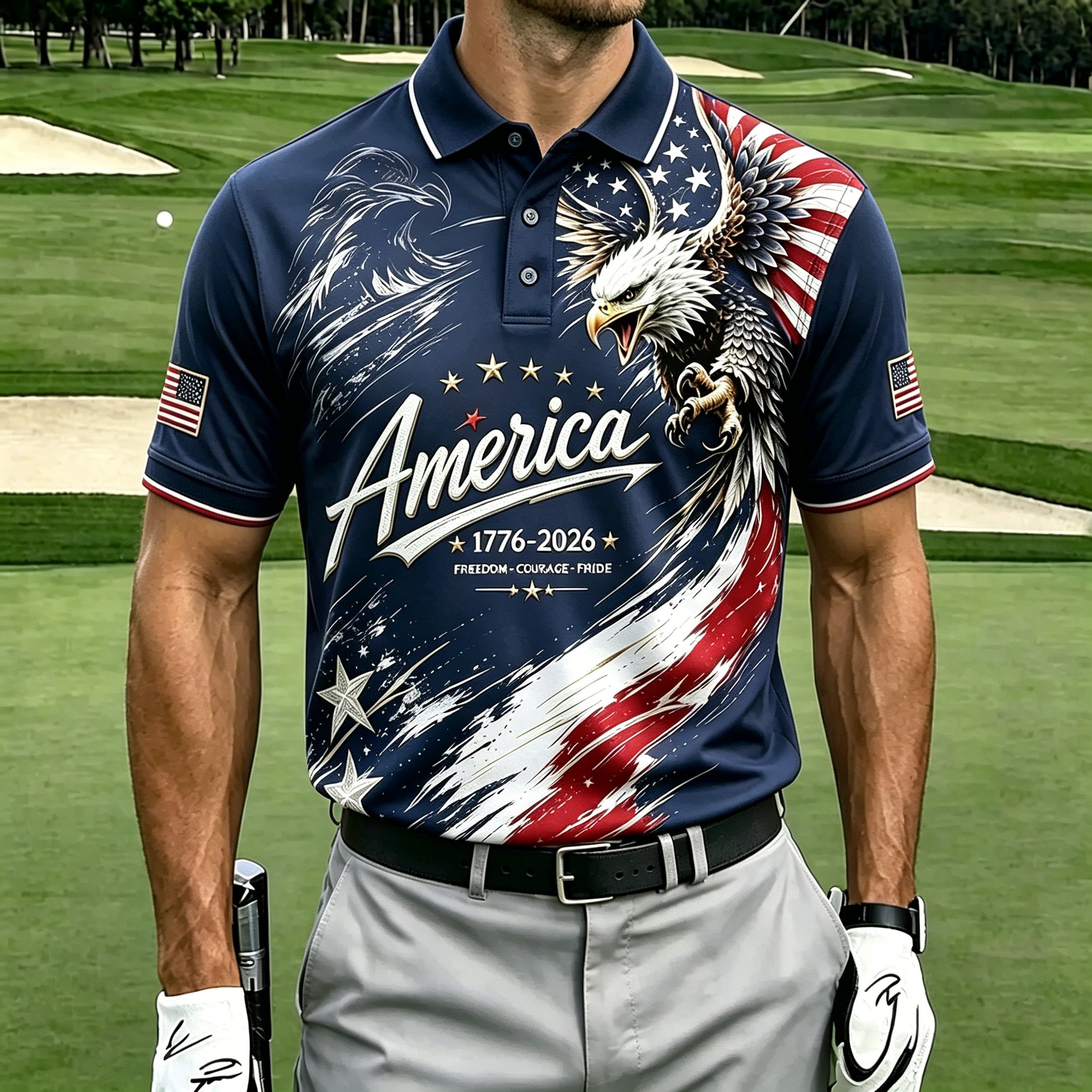 Patriotic Eagle USA Flag Print Contrast Trim Golf Polo Shirt for Men