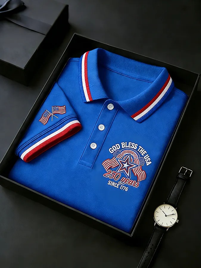 "God Bless the USA" 250th Anniversary Embroidered Polo Shirt