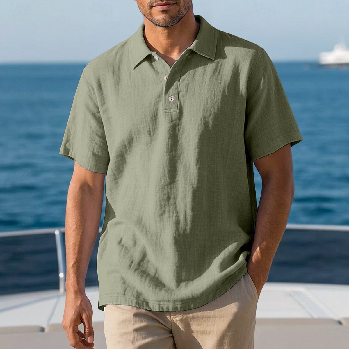 Solid Linen Blend Lapel Collar Short Sleeve Vacation Polo Shirt for Men