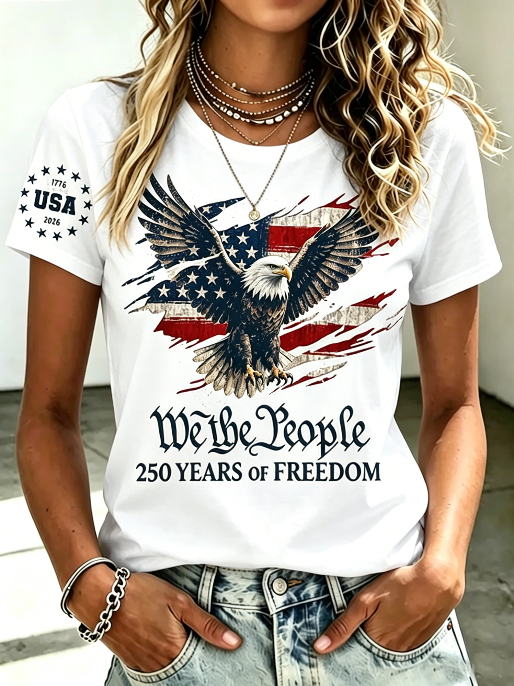 We The People 250 Freedom Eagle Torn Flag Star Sleeve Patriotic Crew Neck T-Shirt for Women