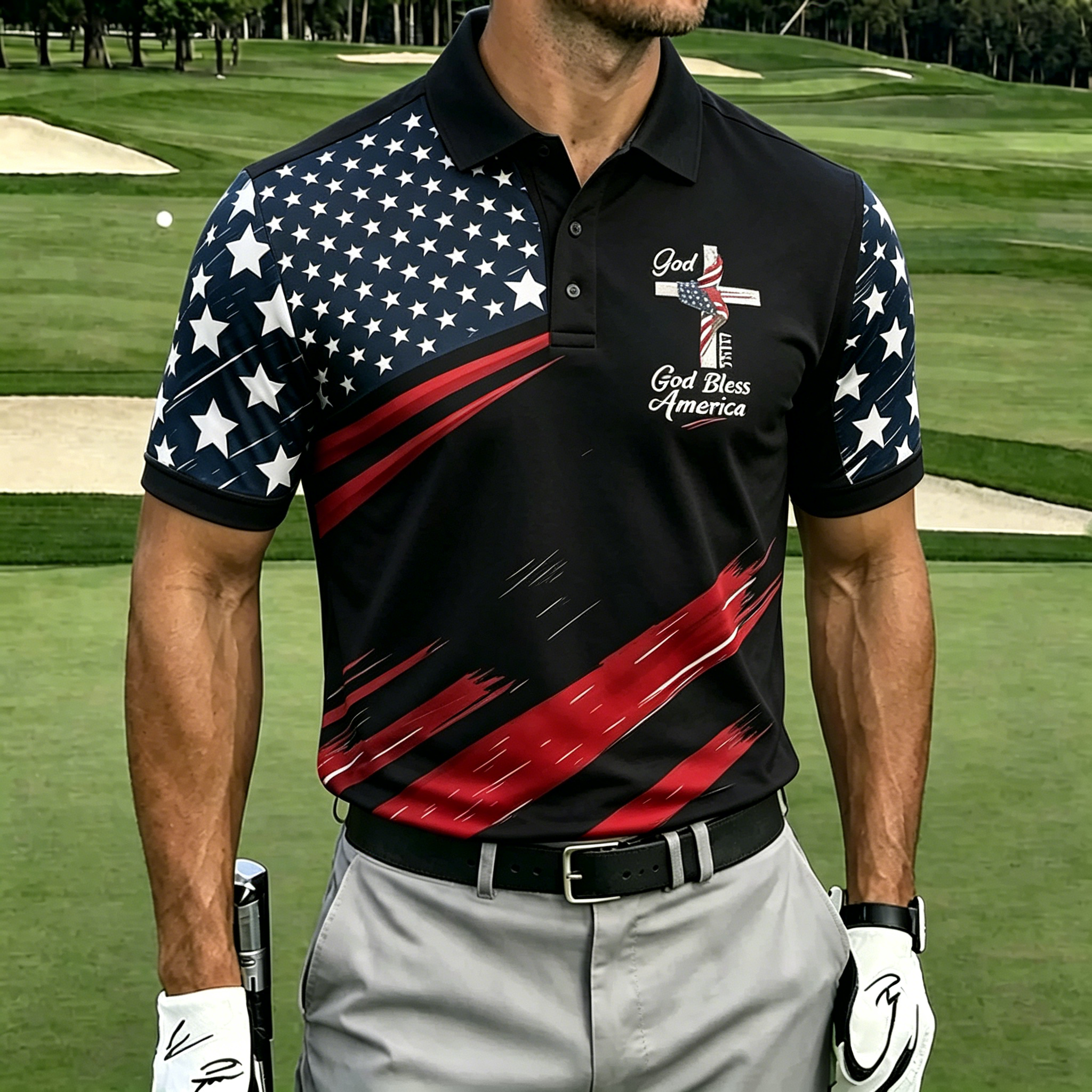 God Bless America Cross Split Star Stripe Print Contrast Collar Golf Polo Shirt for Men