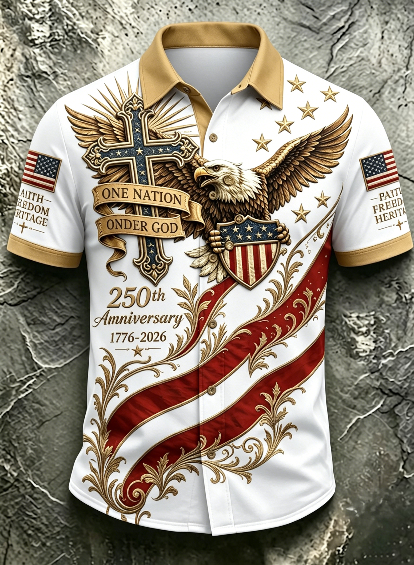 One Nation Under God Cross Bald Eagle USA Flag Gold Scroll Full Print Camp Collar Men Patriotic Shirt