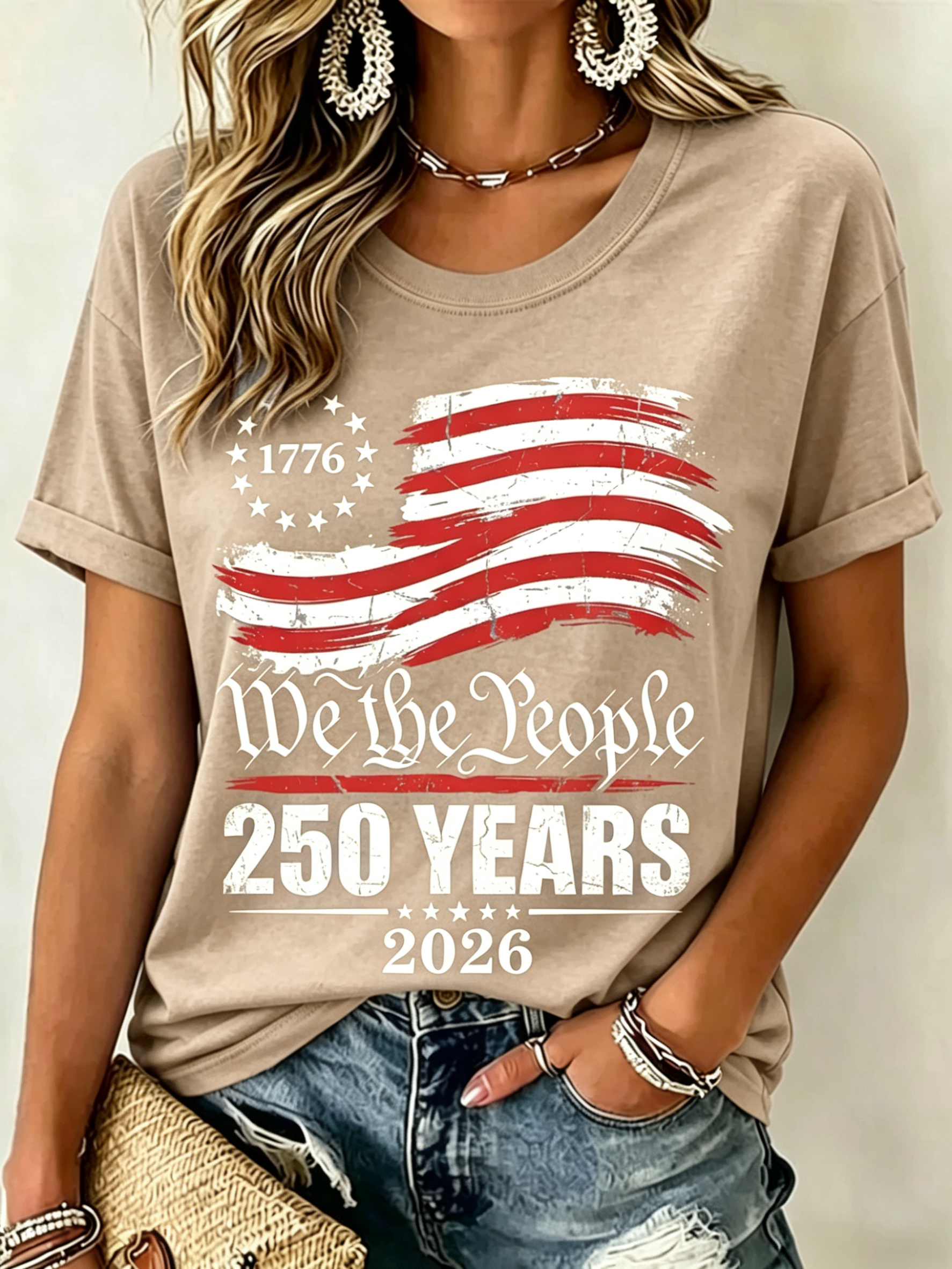 We The People 1776-2026 250 Years Distressed US Flag Patriotic Print Oversized Women Crew Neck Short Sleeve Tee