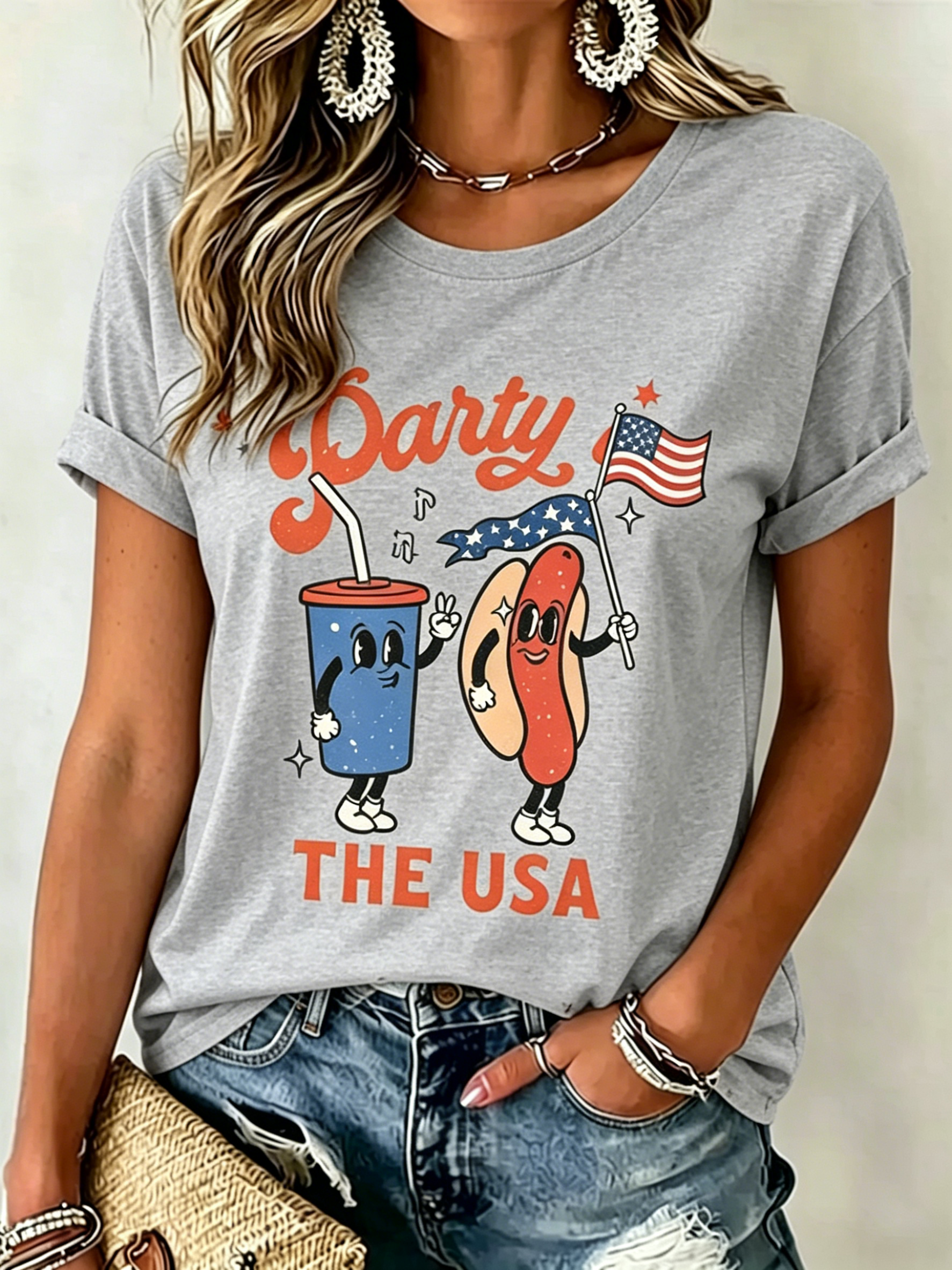 Groovy Retro Hot Dog Soda Party In The USA Patriotic Print Crew Neck Loose Fit Women Oversized Casual Independence Day Tee