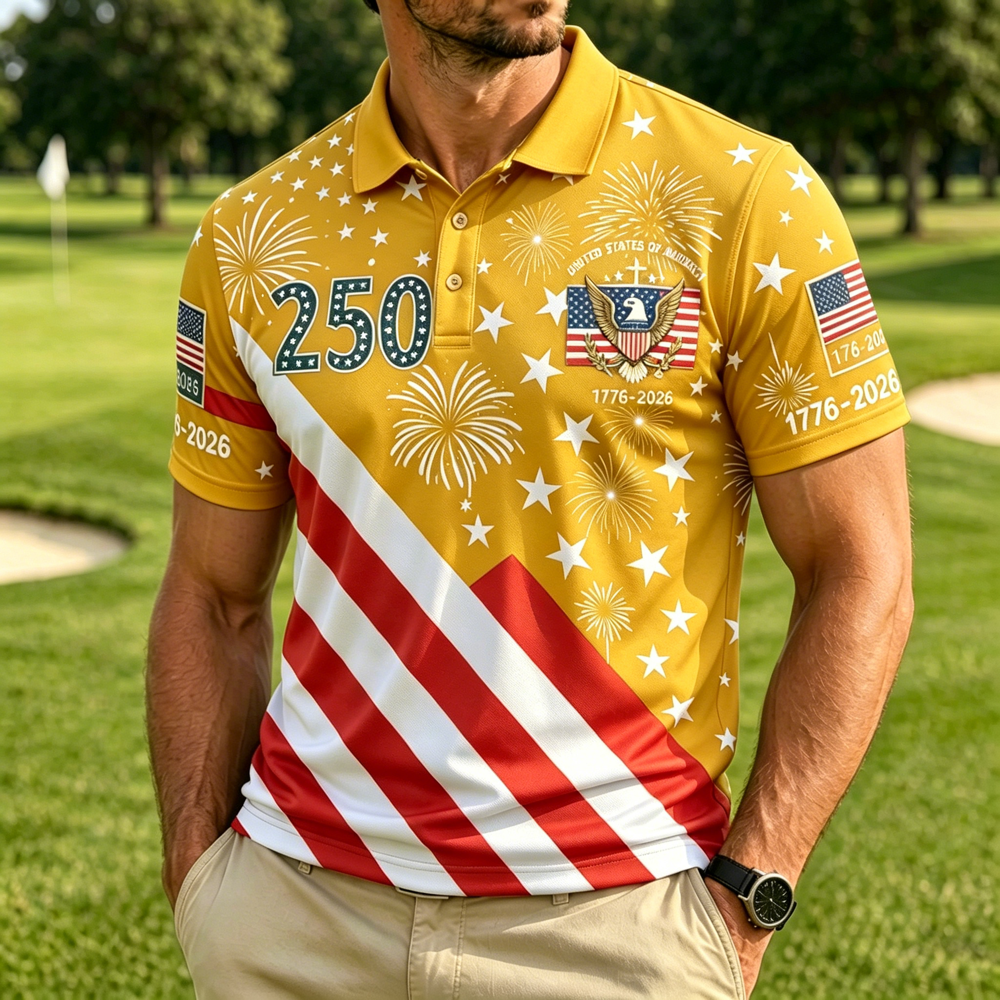 USA 250th Anniversary Star Fireworks Eagle Flag Print Short Sleeve Golf Polo Shirt for Men
