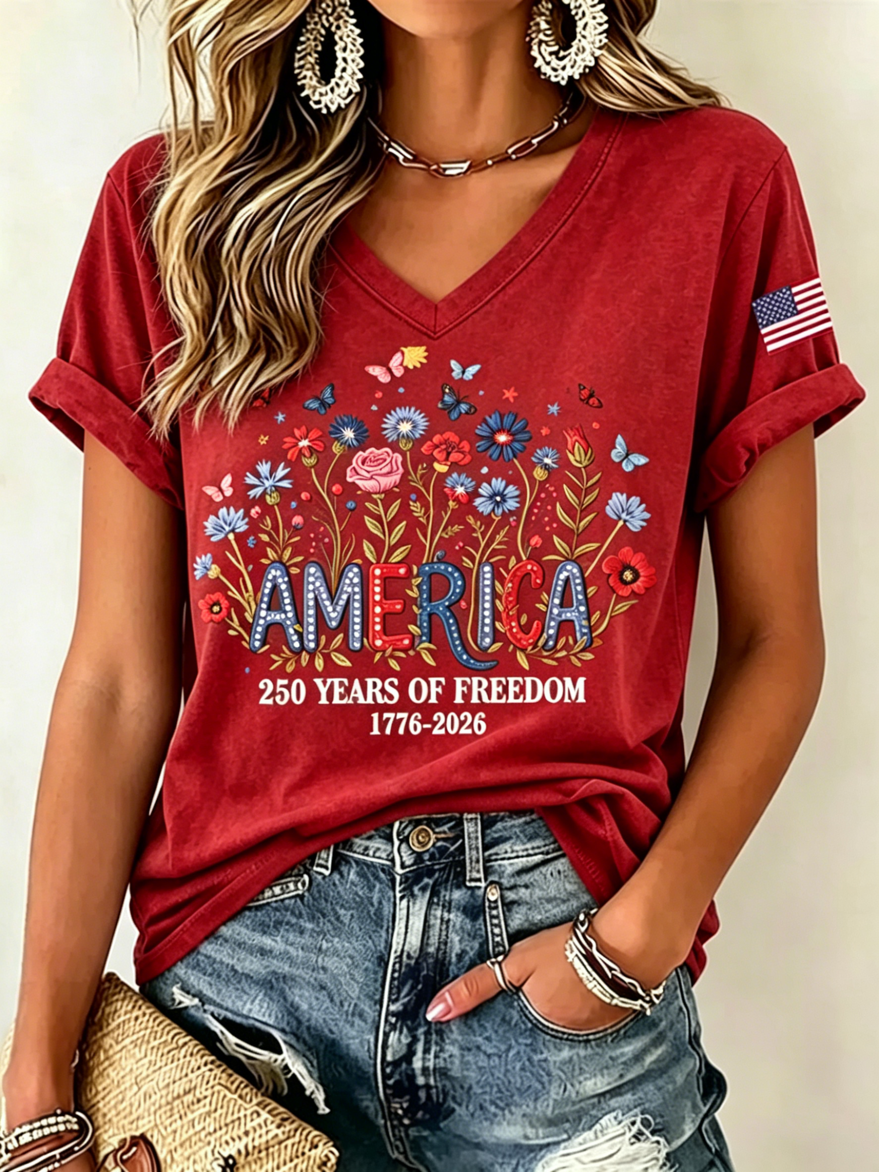 Patriotic Floral America Print V Neck Flag Sleeve T-Shirt for Women