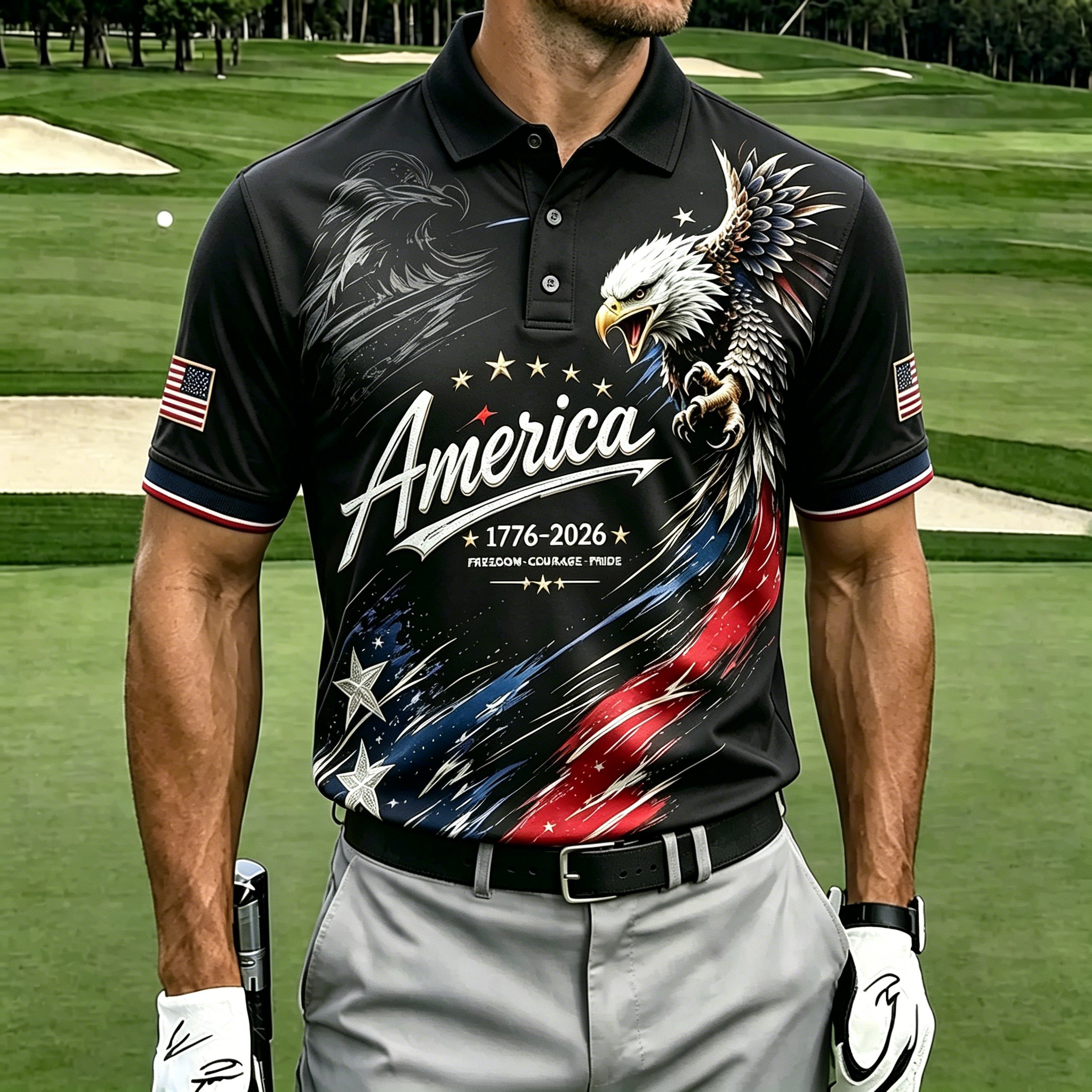 Patriotic Eagle USA Flag Print Contrast Trim Golf Polo Shirt for Men