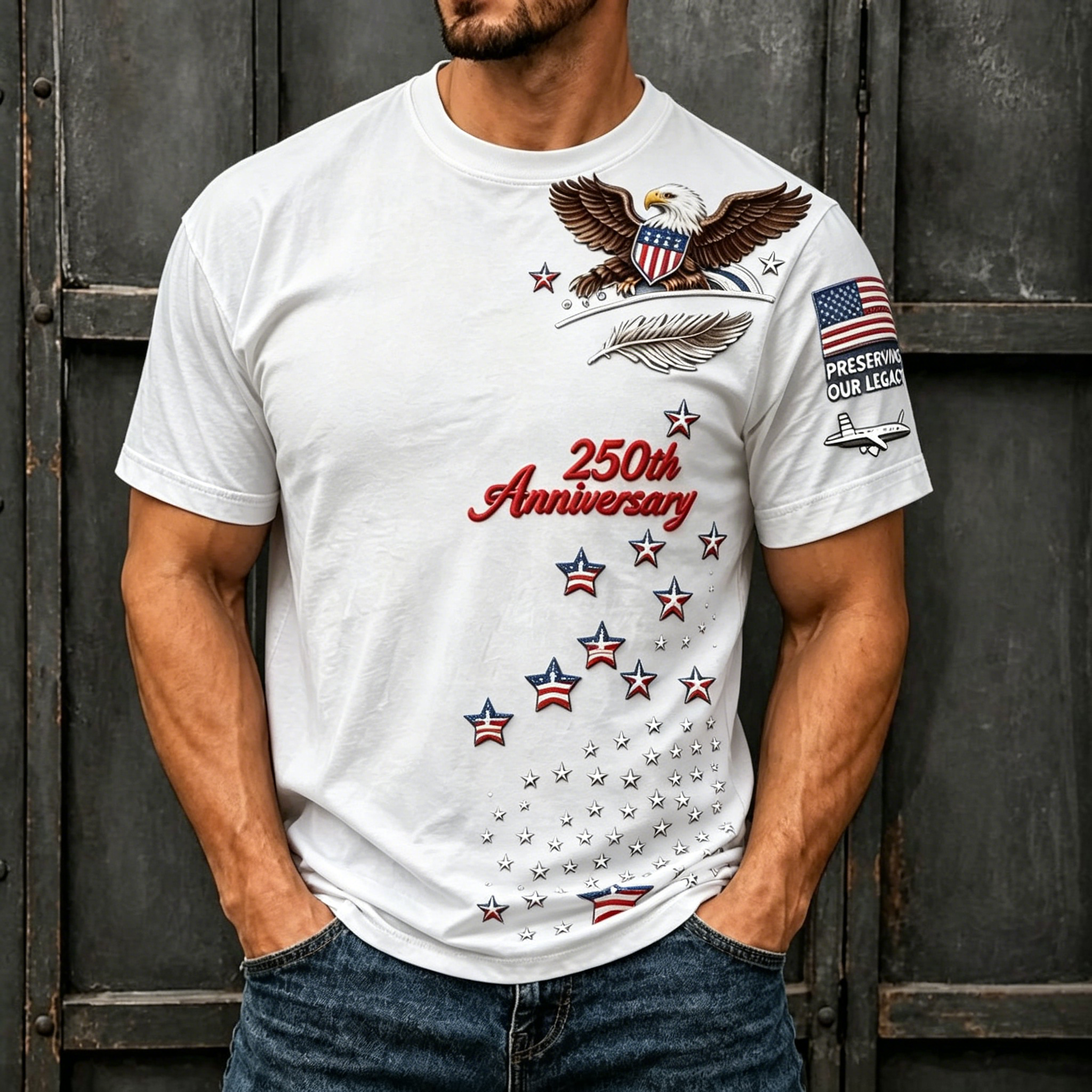 250th Patriotic Eagle Star Sleeve Patch Crew Neck T-Shirt for Men
