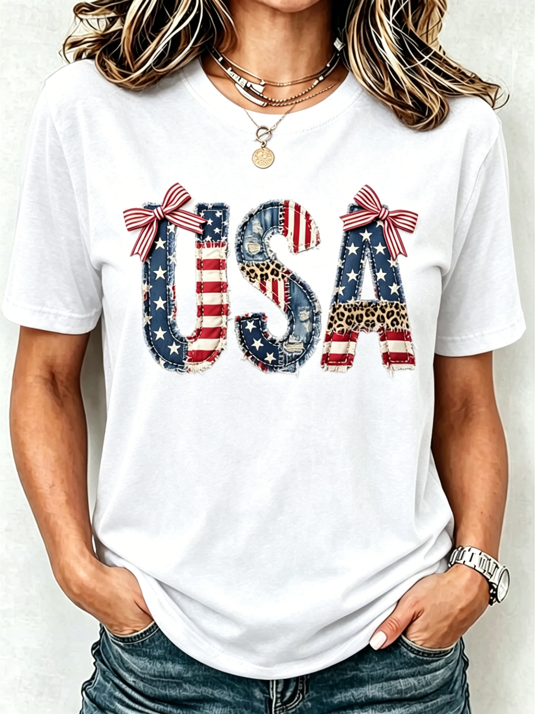 USA Flag Leopard Patch Bow Decor Crew Neck Casual Patriotic Short Sleeve Tee Shirt