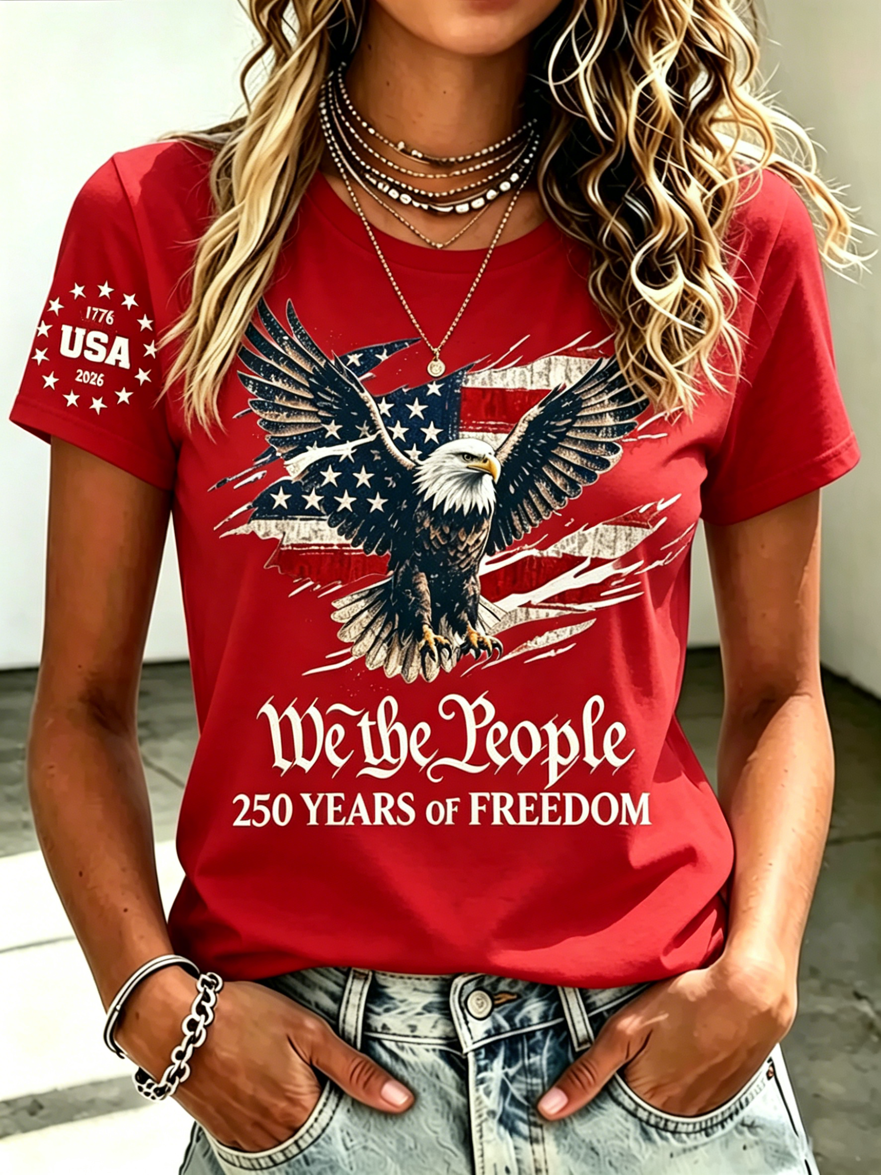 We The People 250 Freedom Eagle Torn Flag Star Sleeve Patriotic Crew Neck T-Shirt for Women