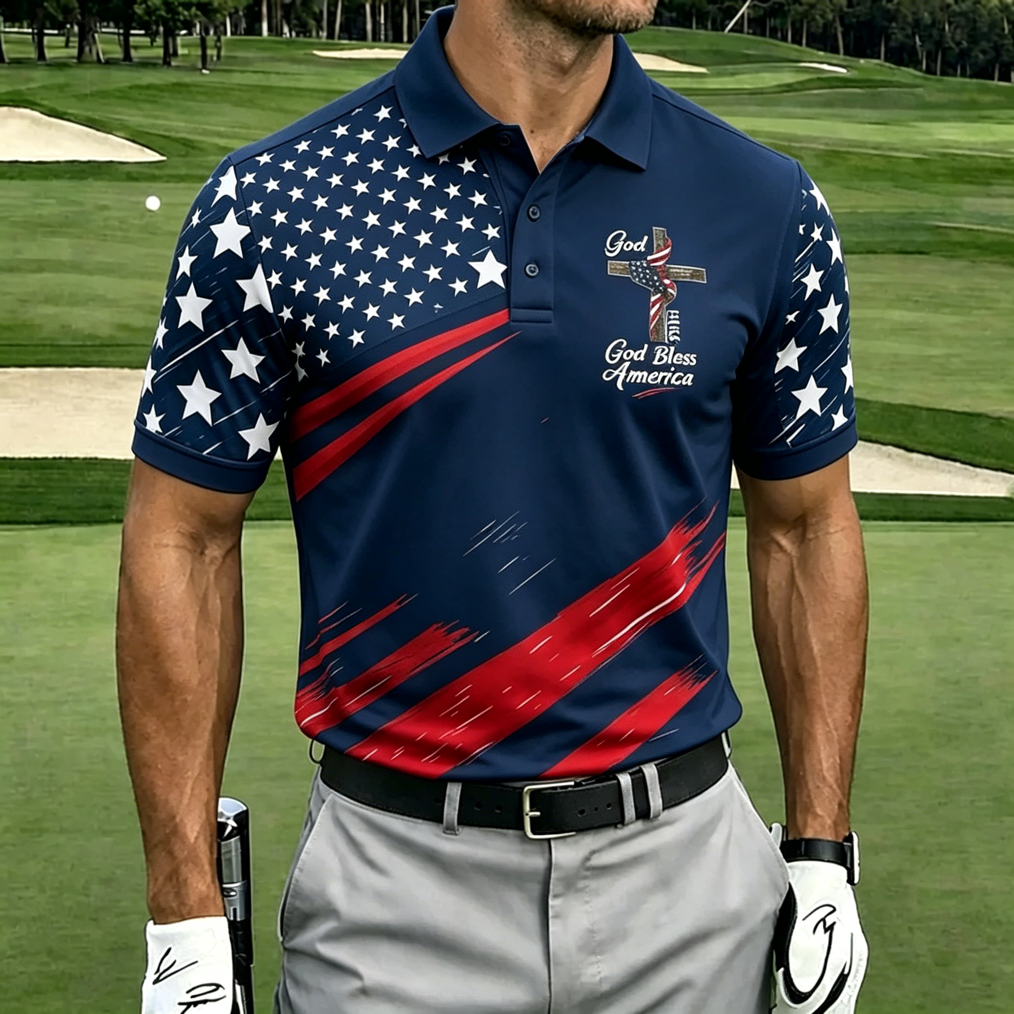 God Bless America Cross Split Star Stripe Print Contrast Collar Golf Polo Shirt for Men