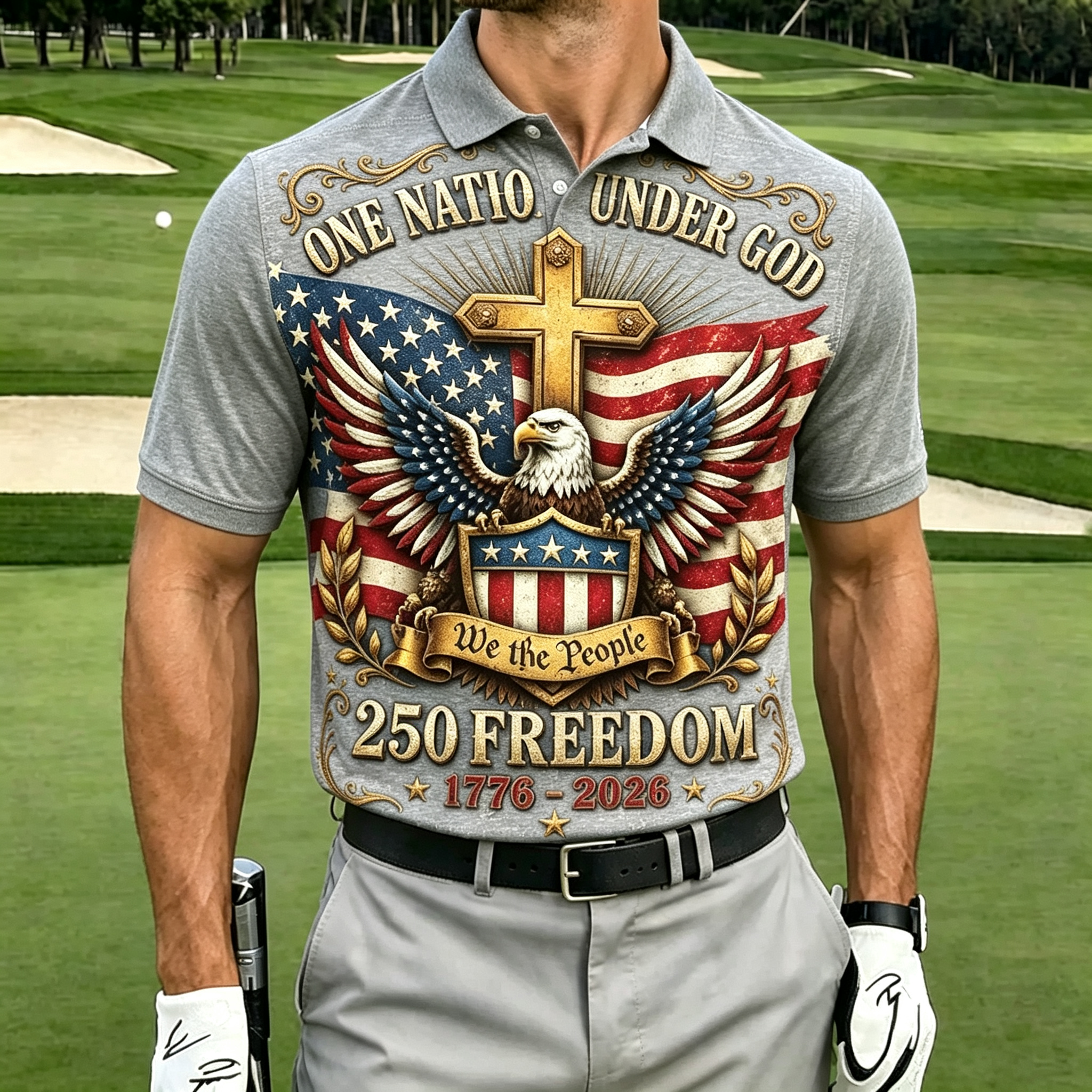 Faith Family Cross Eagle USA Flag Men Quick Dry Golf Polo