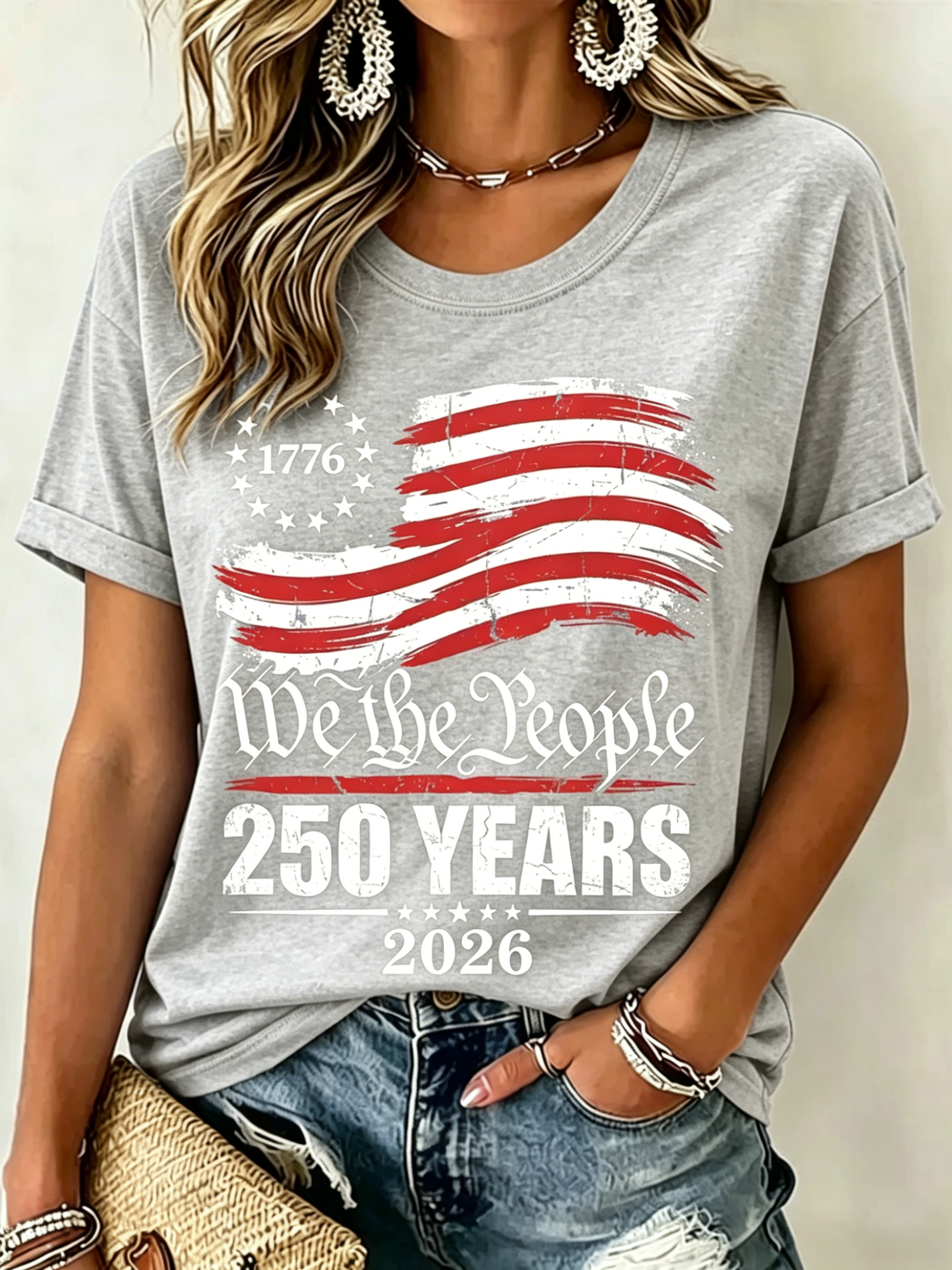We The People 1776-2026 250 Years Distressed US Flag Patriotic Print Oversized Women Crew Neck Short Sleeve Tee
