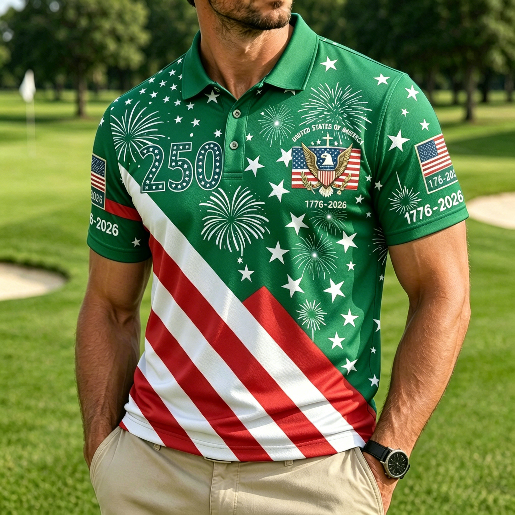 USA 250th Anniversary Star Fireworks Eagle Flag Print Short Sleeve Golf Polo Shirt for Men