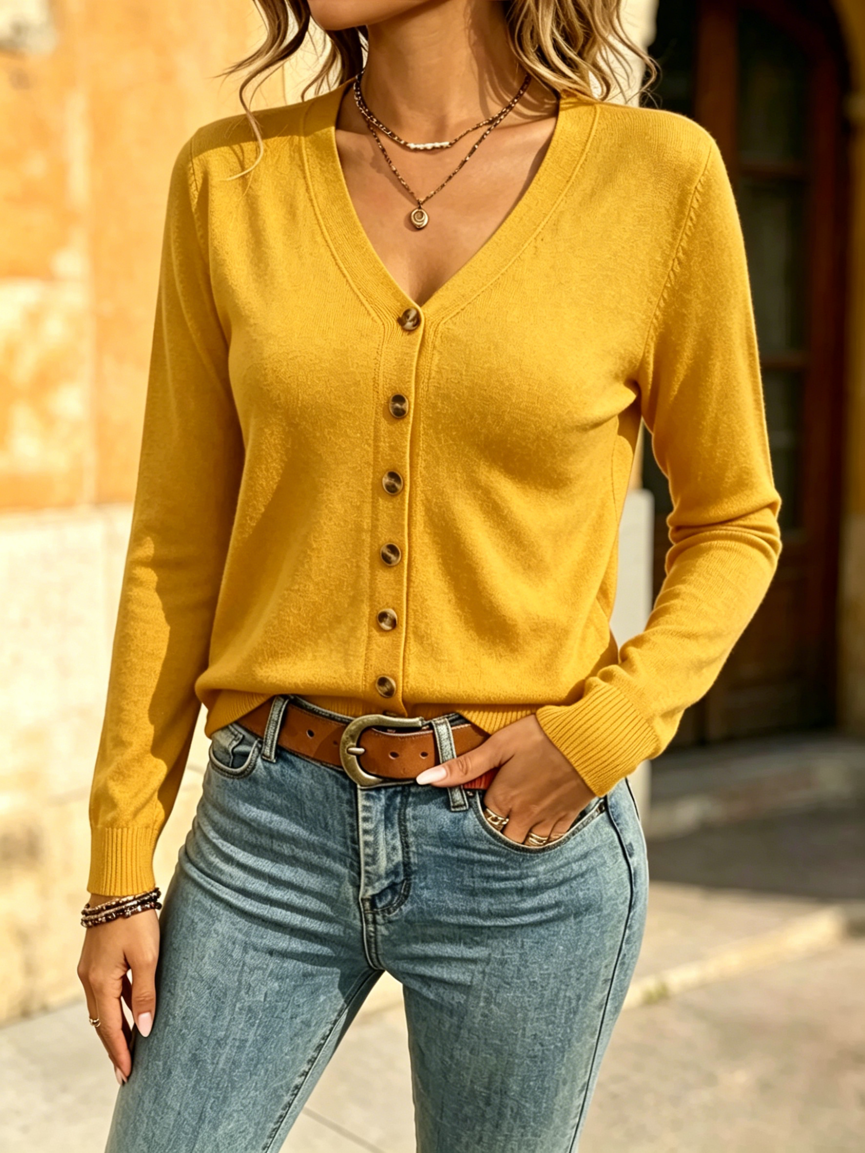 Solid V Neck Button Down Long Sleeve Knit Cardigan Sweater for Women
