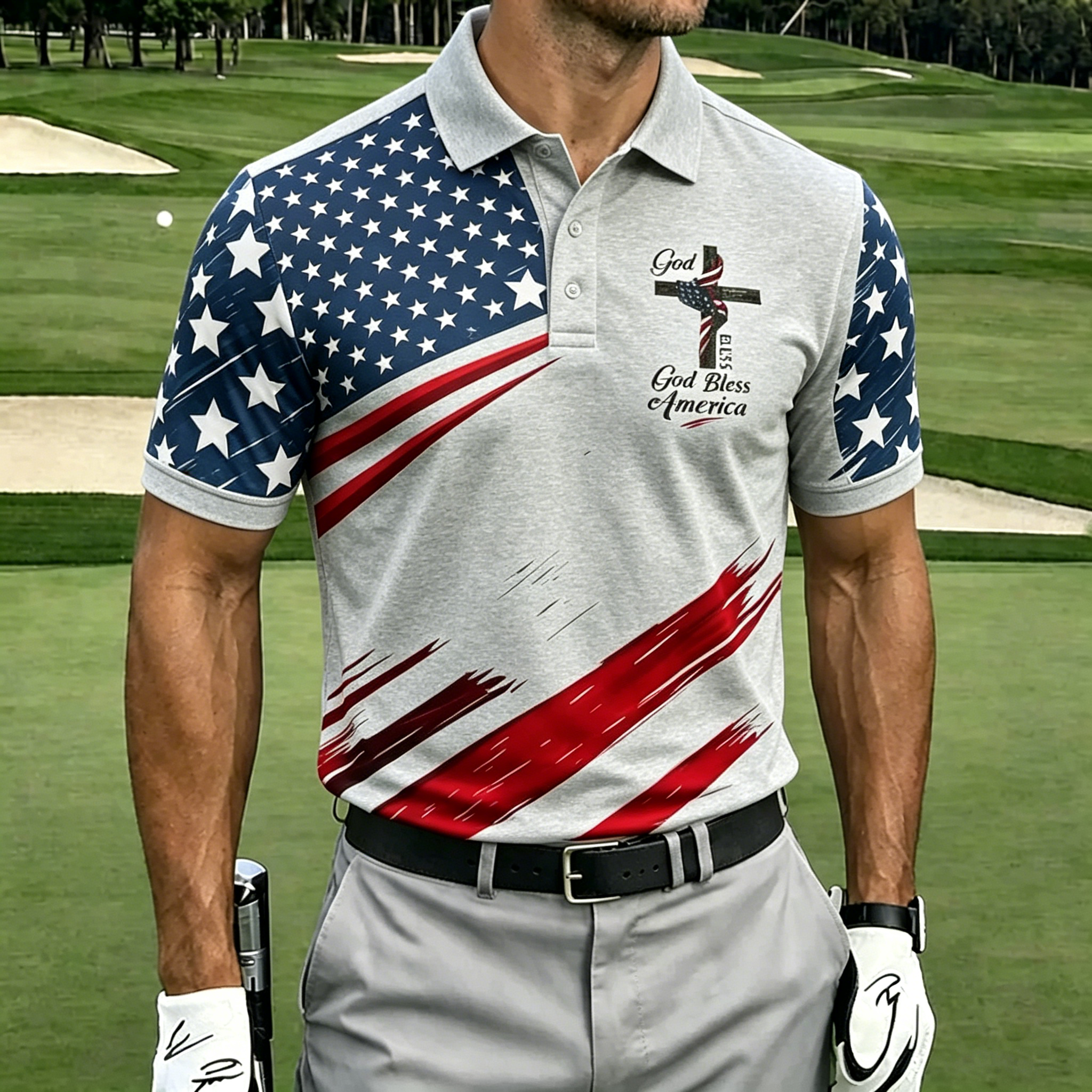 God Bless America Cross Split Star Stripe Print Contrast Collar Golf Polo Shirt for Men
