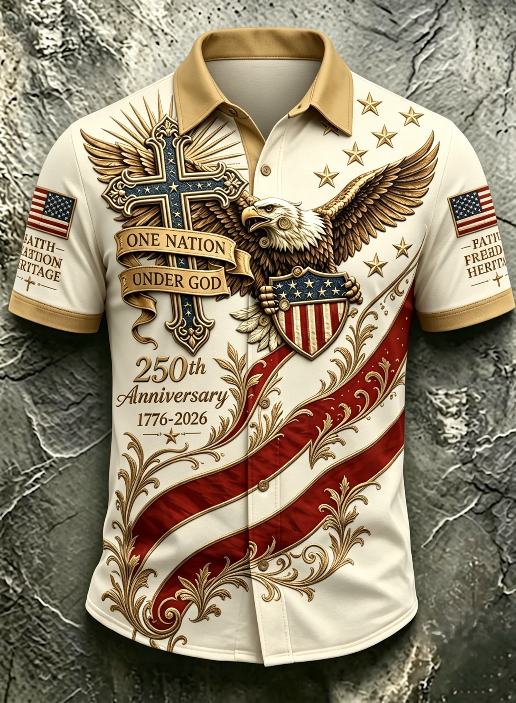 One Nation Under God Cross Bald Eagle USA Flag Gold Scroll Full Print Camp Collar Men Patriotic Shirt