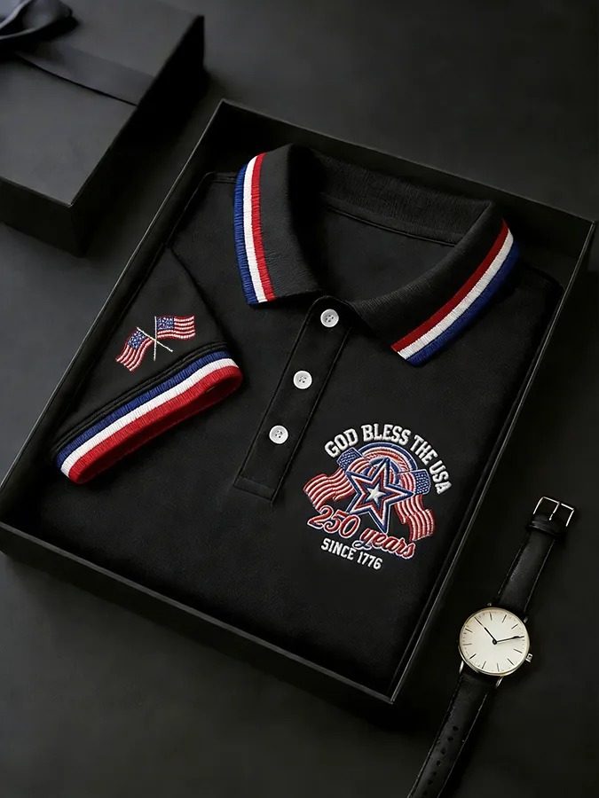 "God Bless the USA" 250th Anniversary Embroidered Polo Shirt