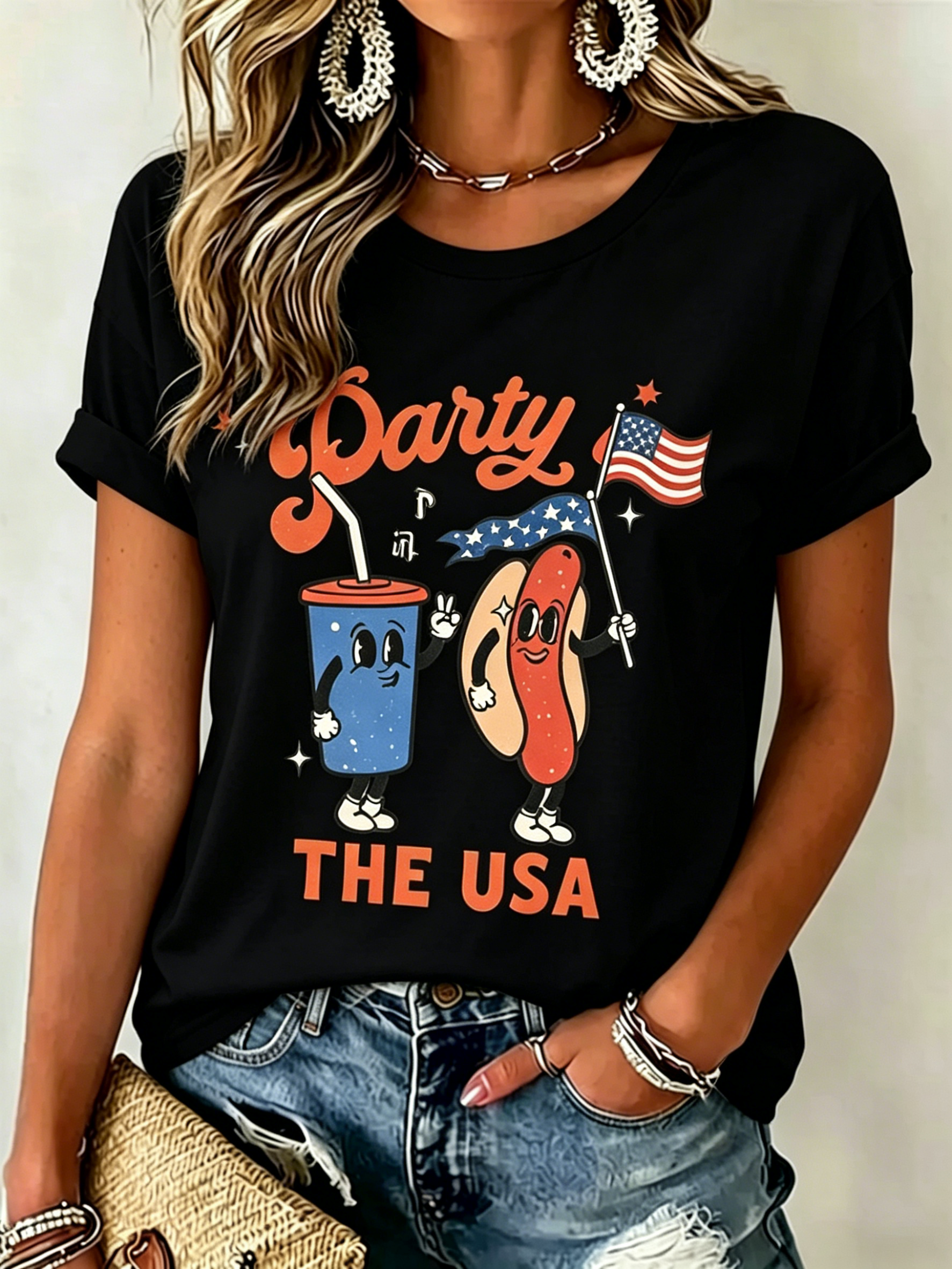 Groovy Retro Hot Dog Soda Party In The USA Patriotic Print Crew Neck Loose Fit Women Oversized Casual Independence Day Tee