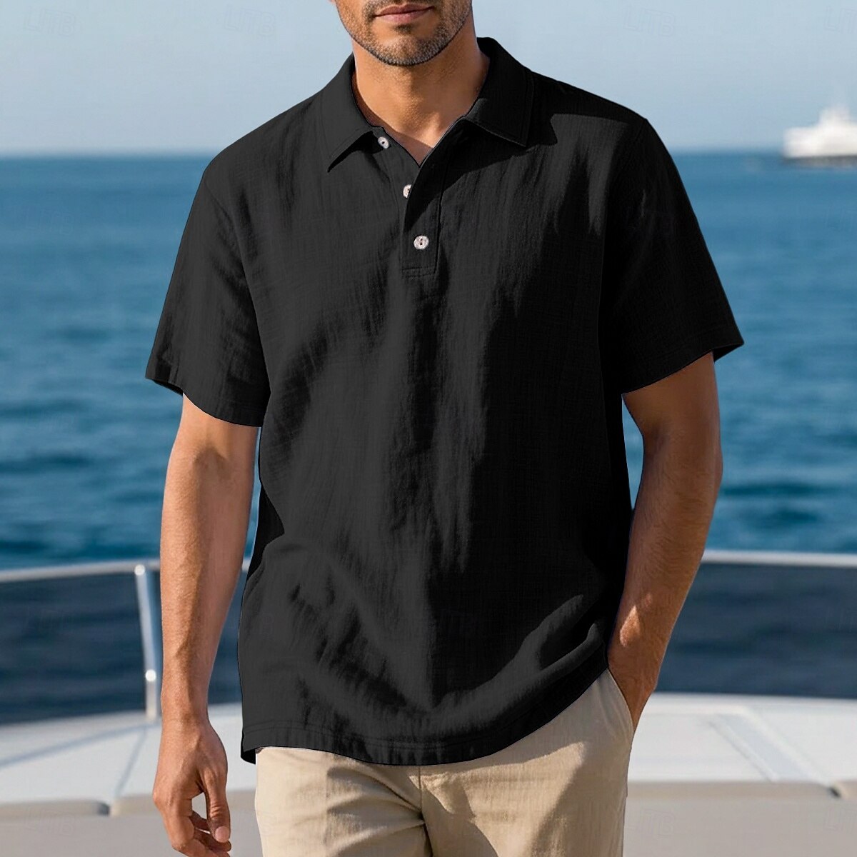 Solid Linen Blend Lapel Collar Short Sleeve Vacation Polo Shirt for Men