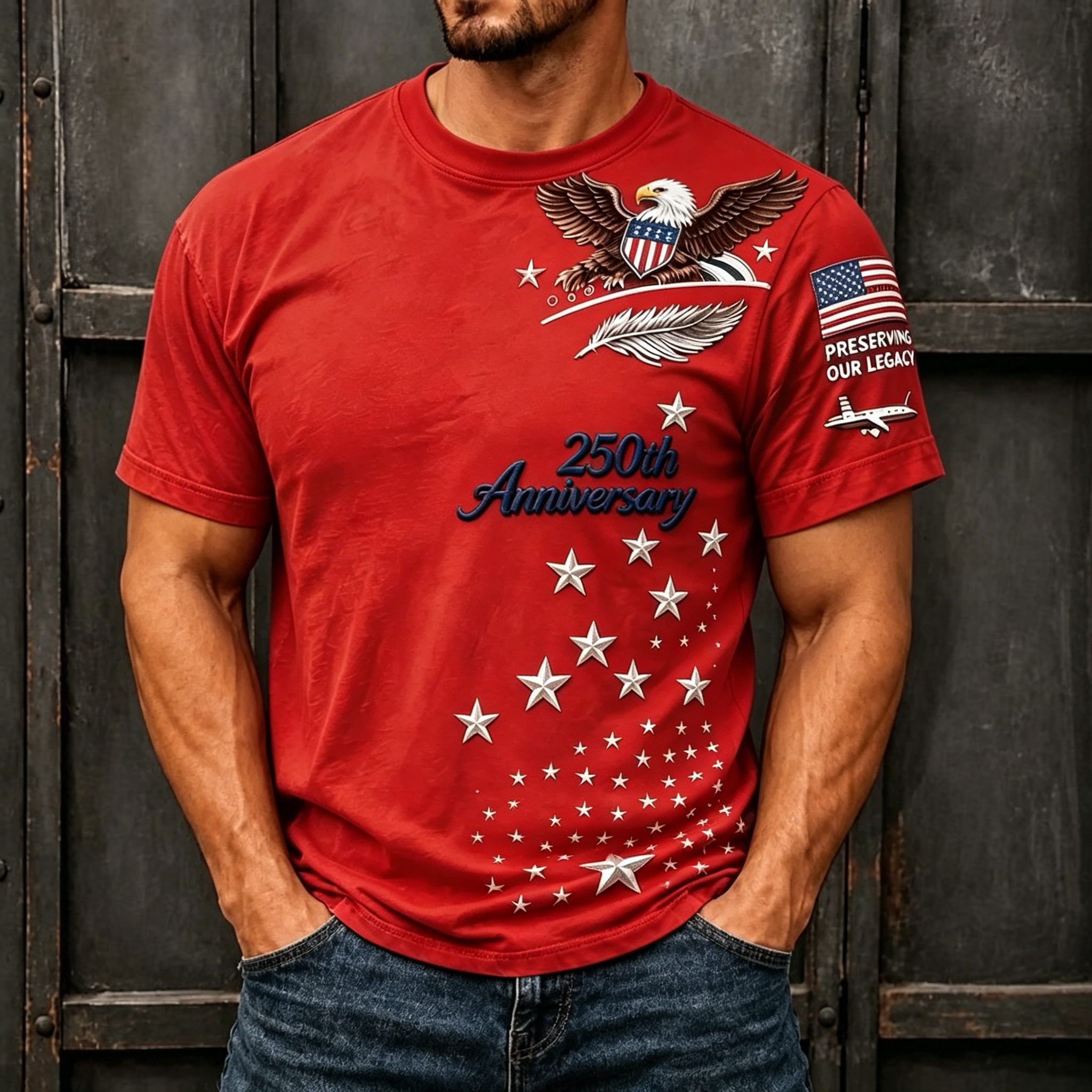 250th Patriotic Eagle Star Sleeve Patch Crew Neck T-Shirt for Men