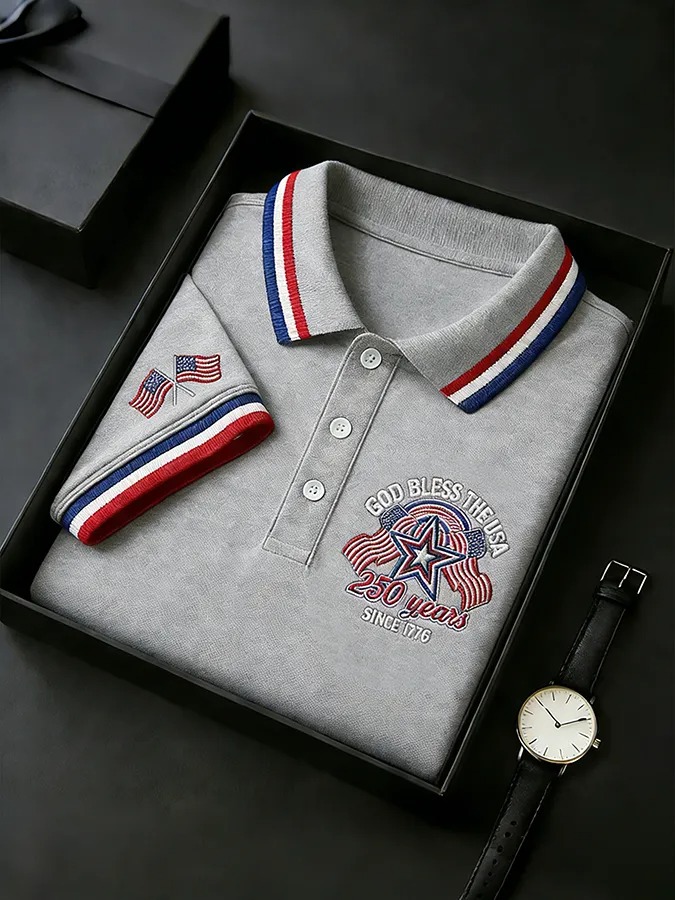 "God Bless the USA" 250th Anniversary Embroidered Polo Shirt