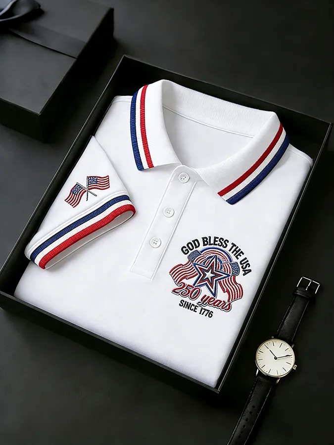 "God Bless the USA" 250th Anniversary Embroidered Polo Shirt