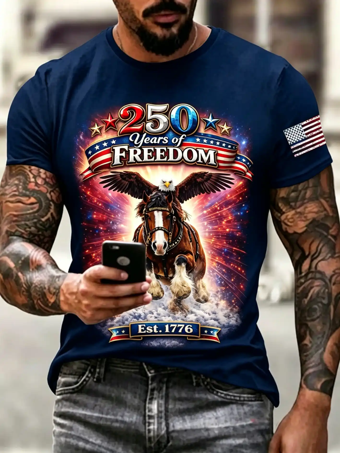 250 Years of Freedom Est.1776 Eagle & Horse Patriotic Vintage Print Men's T-Shirt