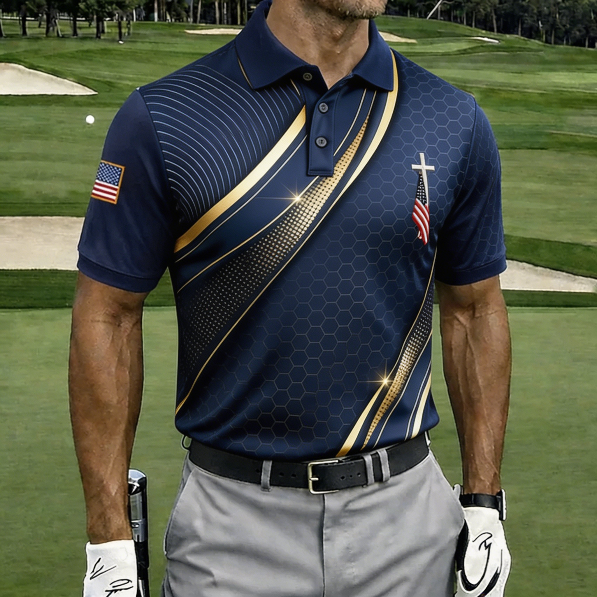 Premium Gold Line USA Cross Flag Golf Polo Shirt