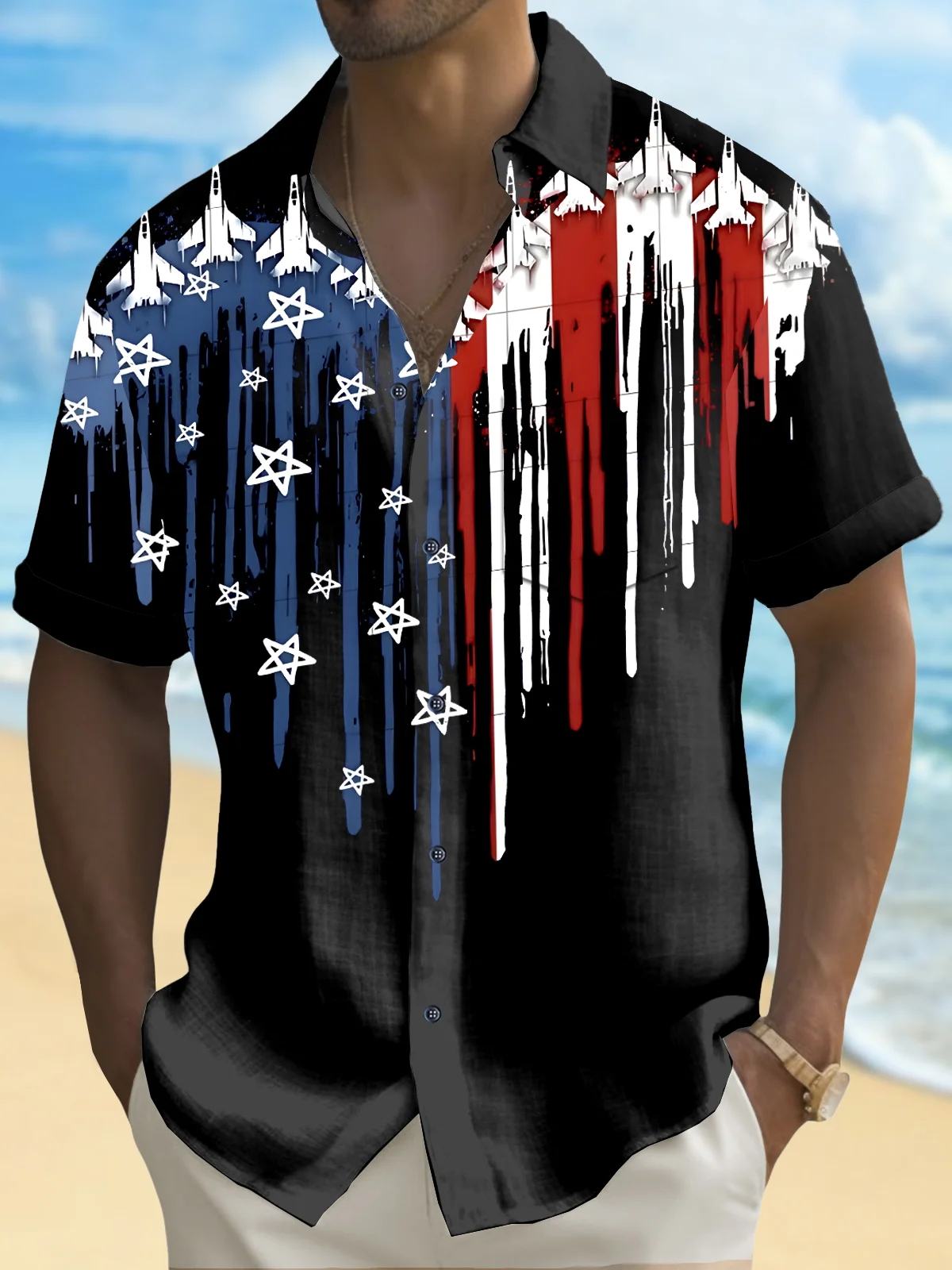 Independence Day Holiday Men's Hawaiian Shirt American Flag Art Stretch Quick Dry Surf Pocket Shirt Big Tall