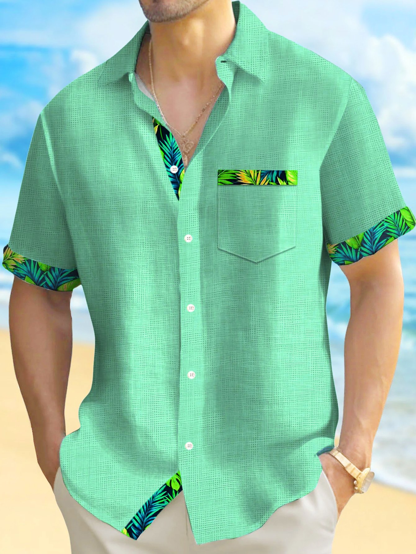 Cargks®Hawaii Basic Textured Floral Print Men's Button-Down Short-Sleeve Shirt Big & Tall