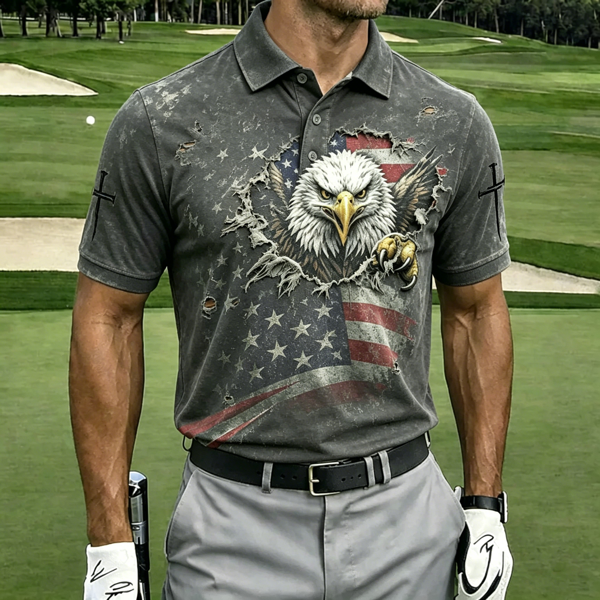 Vintage Distressed American Eagle USA Flag Golf Polo Shirt