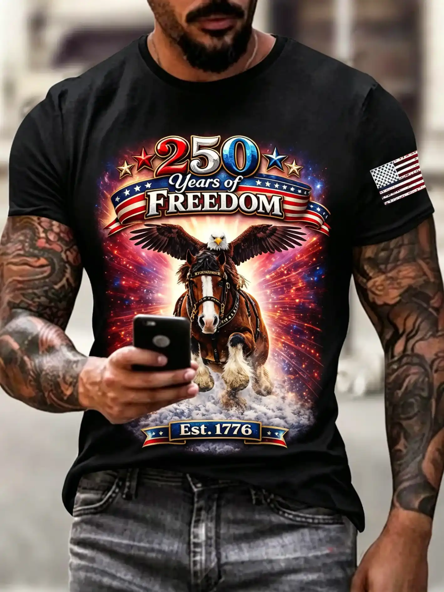 250 Years of Freedom Est.1776 Eagle & Horse Patriotic Vintage Print Men's T-Shirt