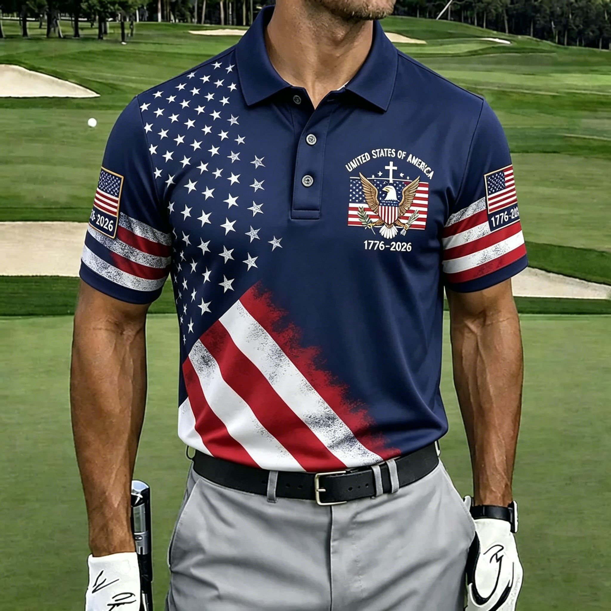 USA 250th Anniversary Distressed American Flag Golf Polo Shirt | Tactical Eagle Patriotic Polo