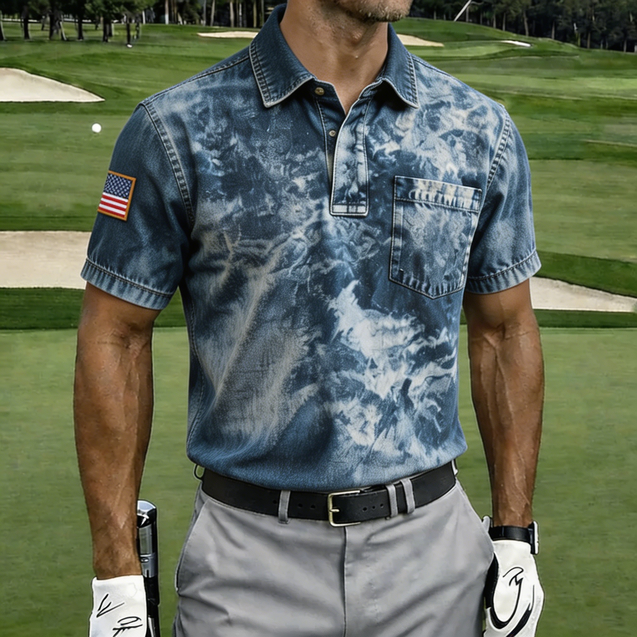 Vintage Tie-Dye Denim USA Flag Golf Polo Shirt