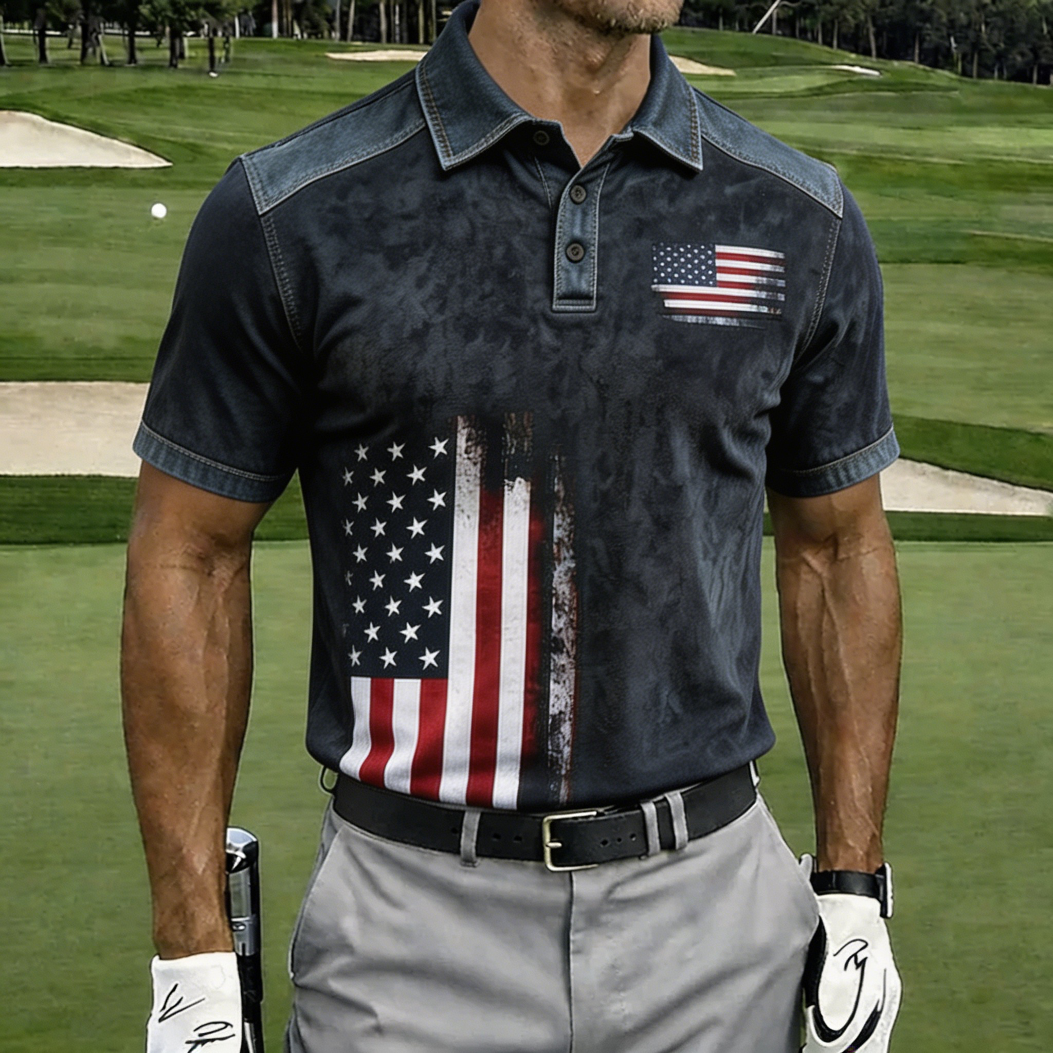 Vintage Washed USA Flag Denim Shoulder Golf Polo Shirt