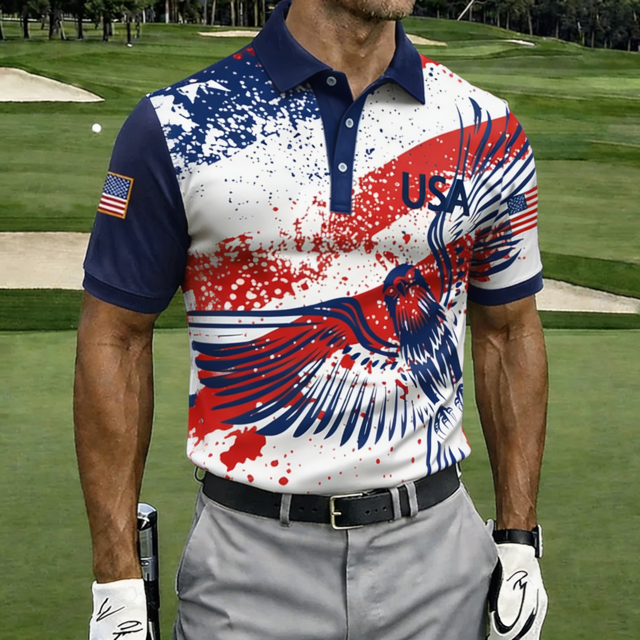 USA Patriotic Eagle Splatter Print Golf Polo Shirt