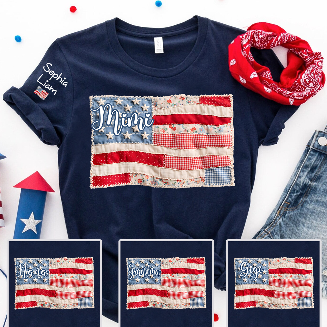 Mimi Shirt with Kids Names Patriotic Patchwork American Flag Design Custom Family Tee