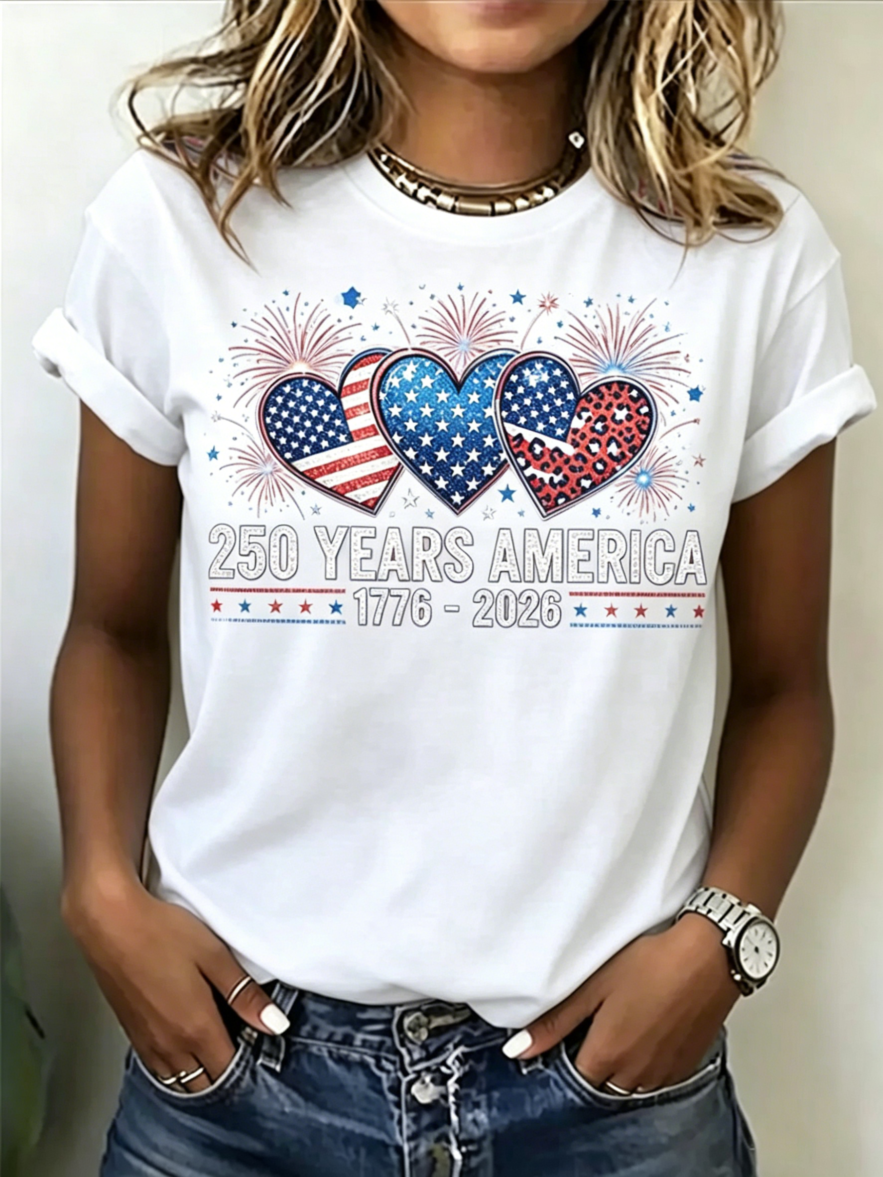 Women’s 250th Independence Day T-Shirt, Patriotic Heart & Fireworks Print Short Sleeve Tee