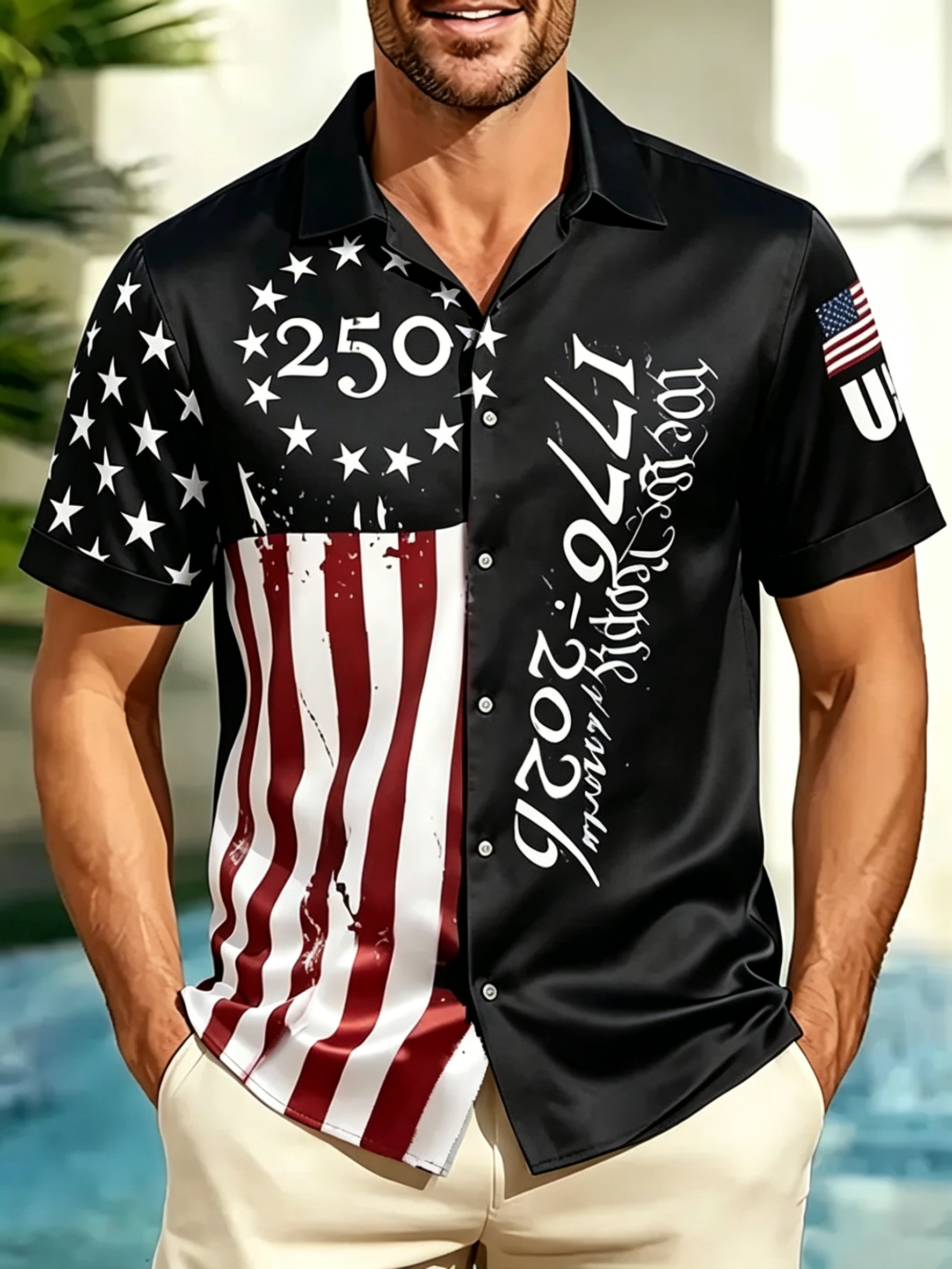 Men's American Flag 1776-2026 250th Anniversary Button Down Shirt, Patriotic We The People Print Short Sleeve Casual Hawaiian Shirt for Independence Day