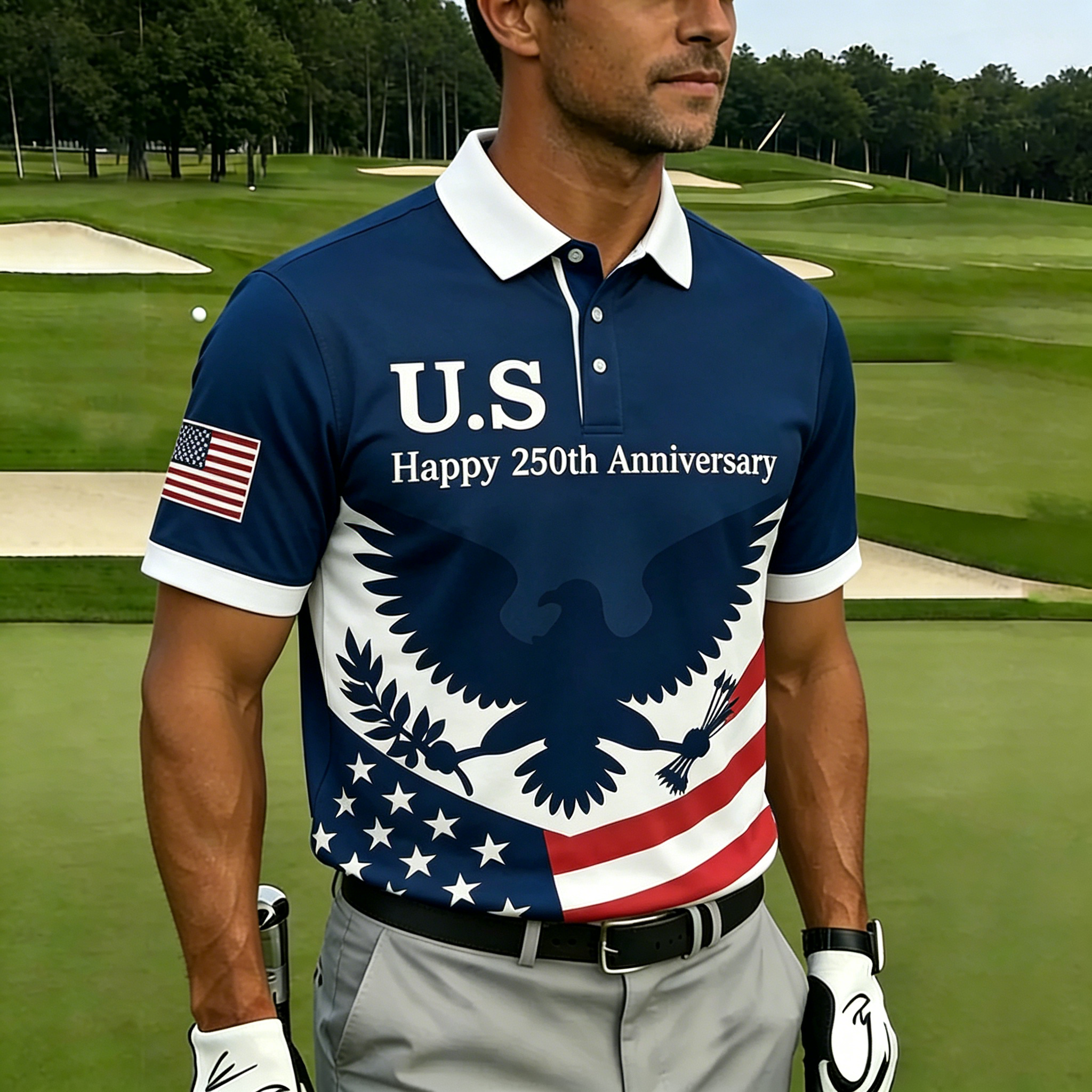 America 250th Anniversary Golf Polo Shirt – Navy Blue with Presidential Seal & Diagonal "AMERICA 250" Print, Patriotic Performance Top