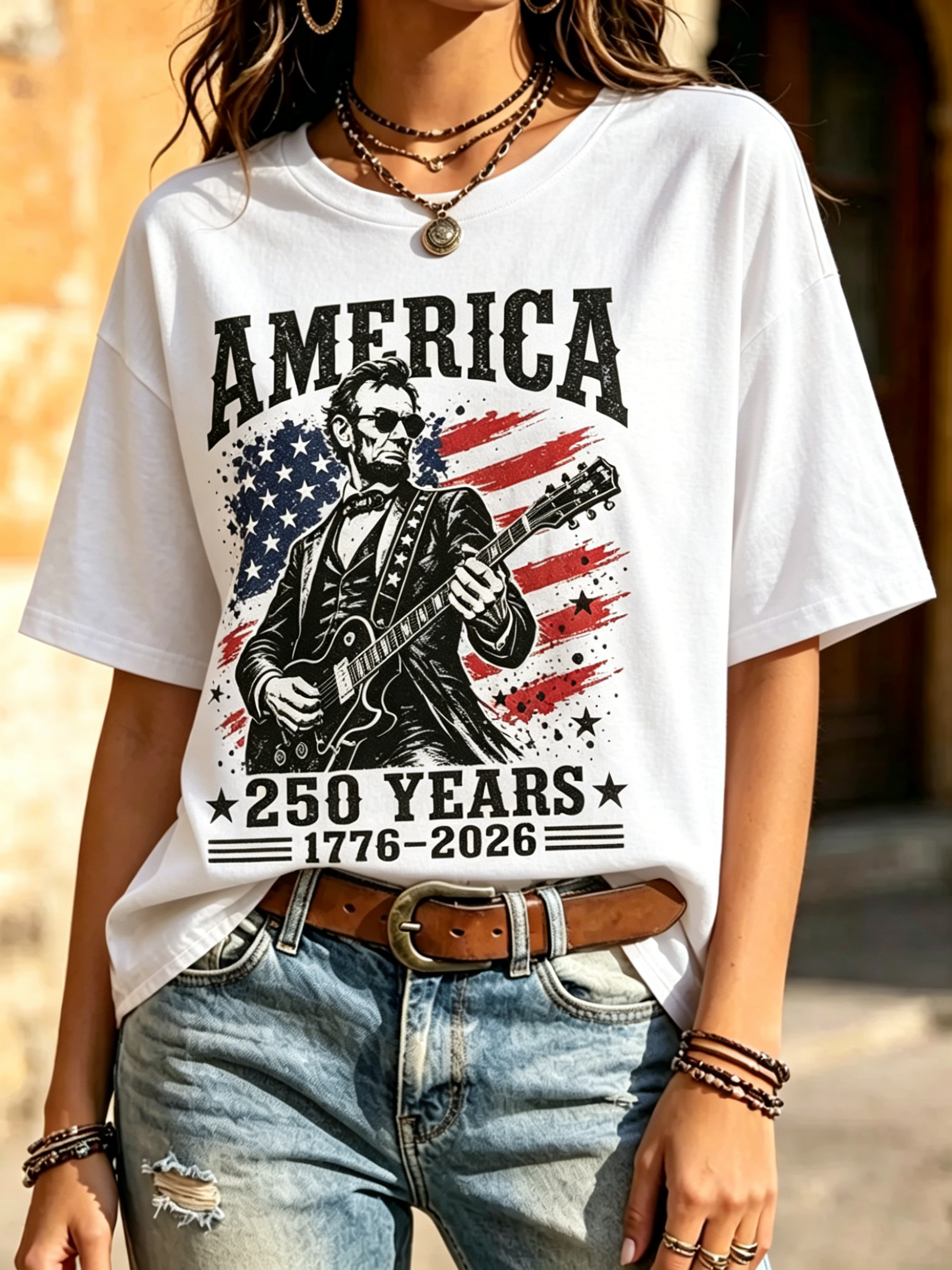 Distressed Retro Lincoln Guitar US Flag 250 Years 1776-2026 Print Crew Neck Patriotic Casual Short Sleeve T-Shirt
